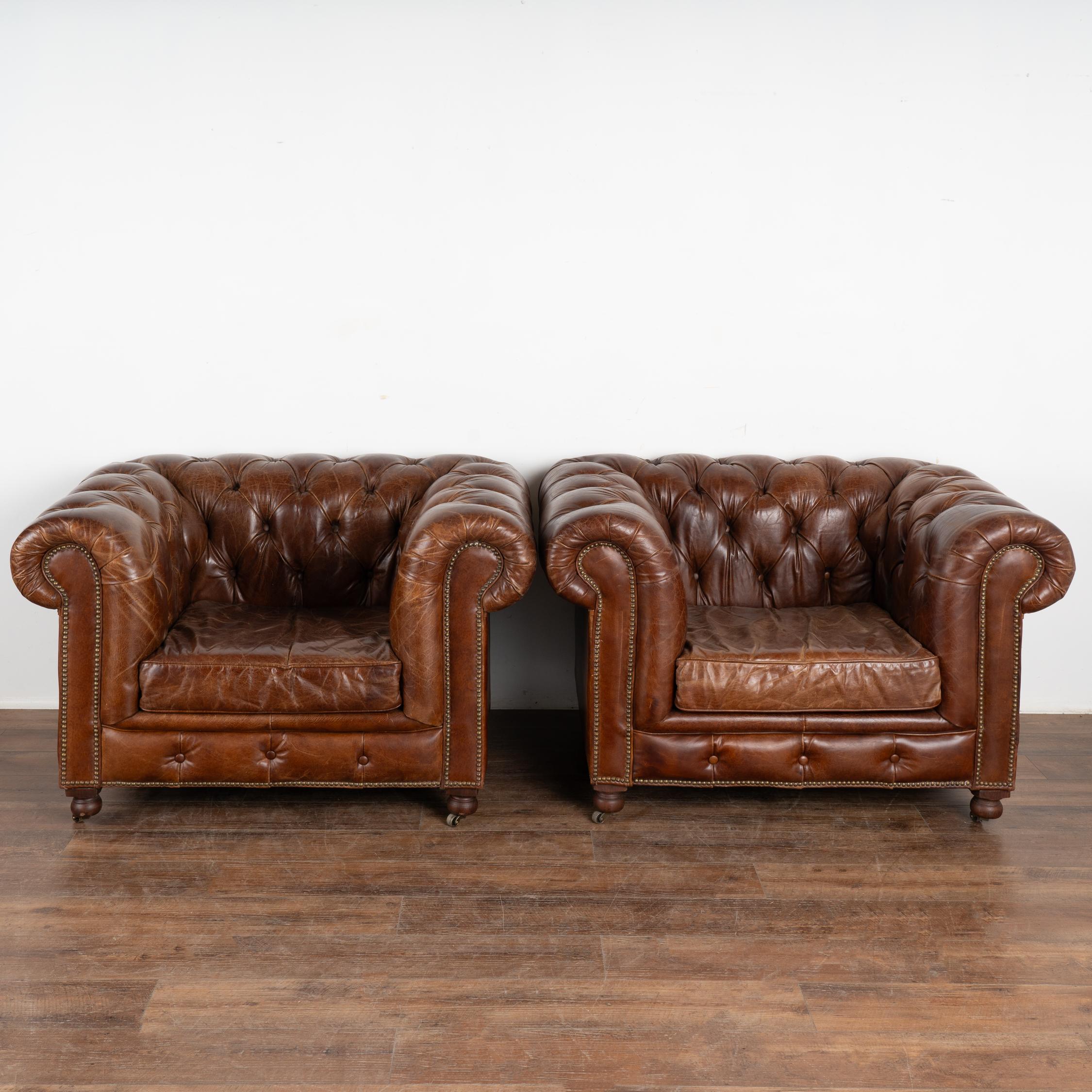 English Pair, Vintage Brown Leather Chesterfield Club Arm Chairs, England circa 1970-80