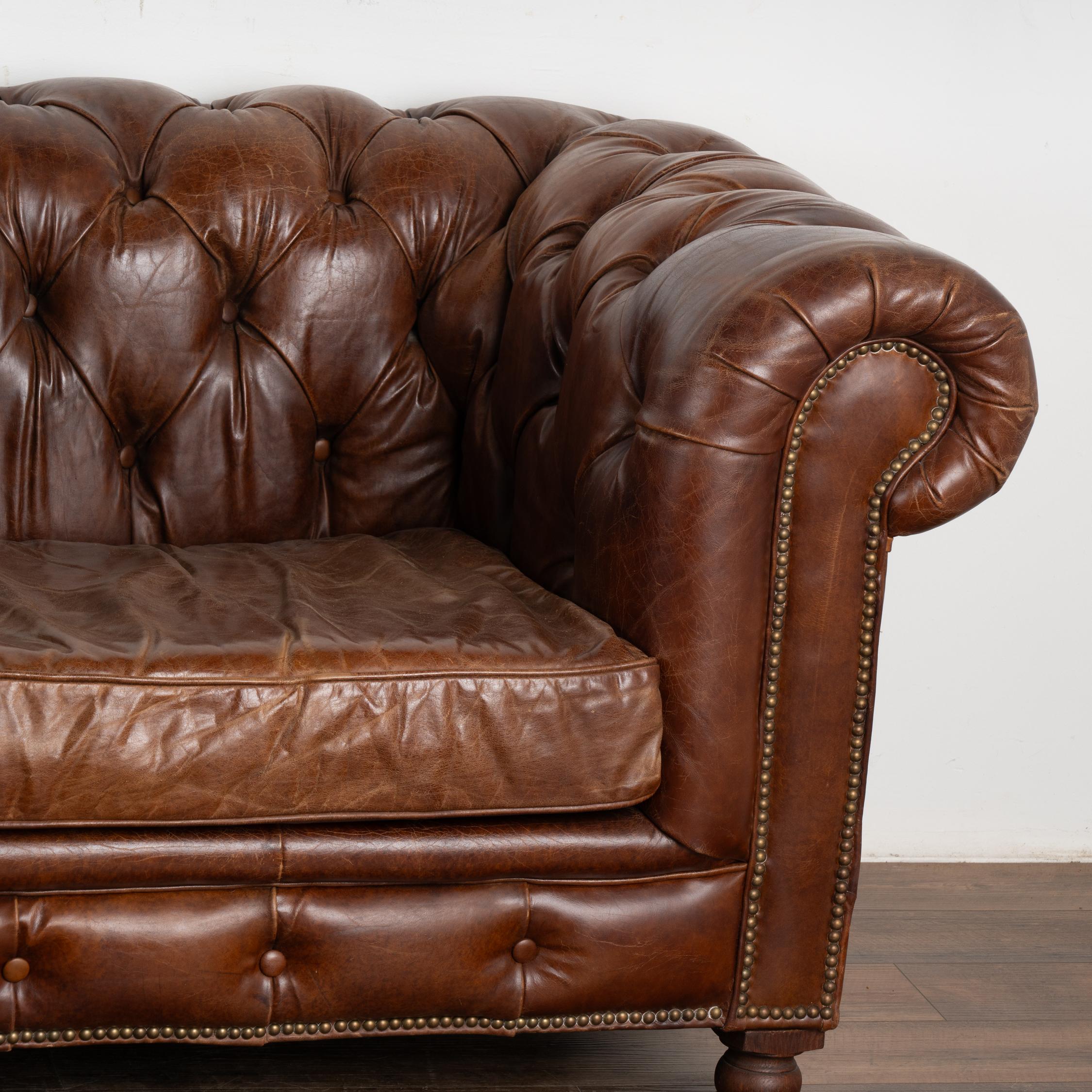 20th Century Pair, Vintage Brown Leather Chesterfield Club Arm Chairs, England circa 1970-80