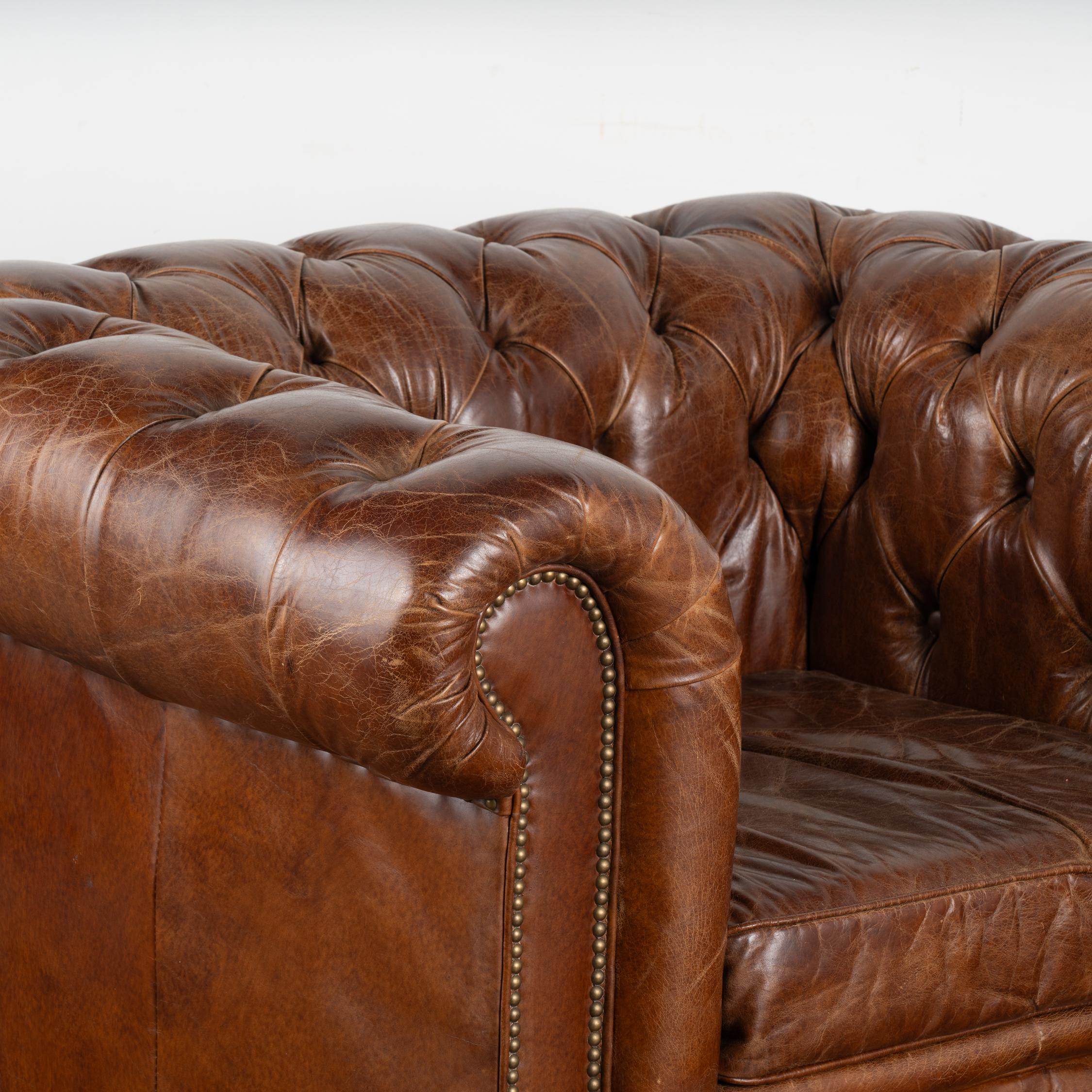Pair, Vintage Brown Leather Chesterfield Club Arm Chairs, England circa 1970-80 1