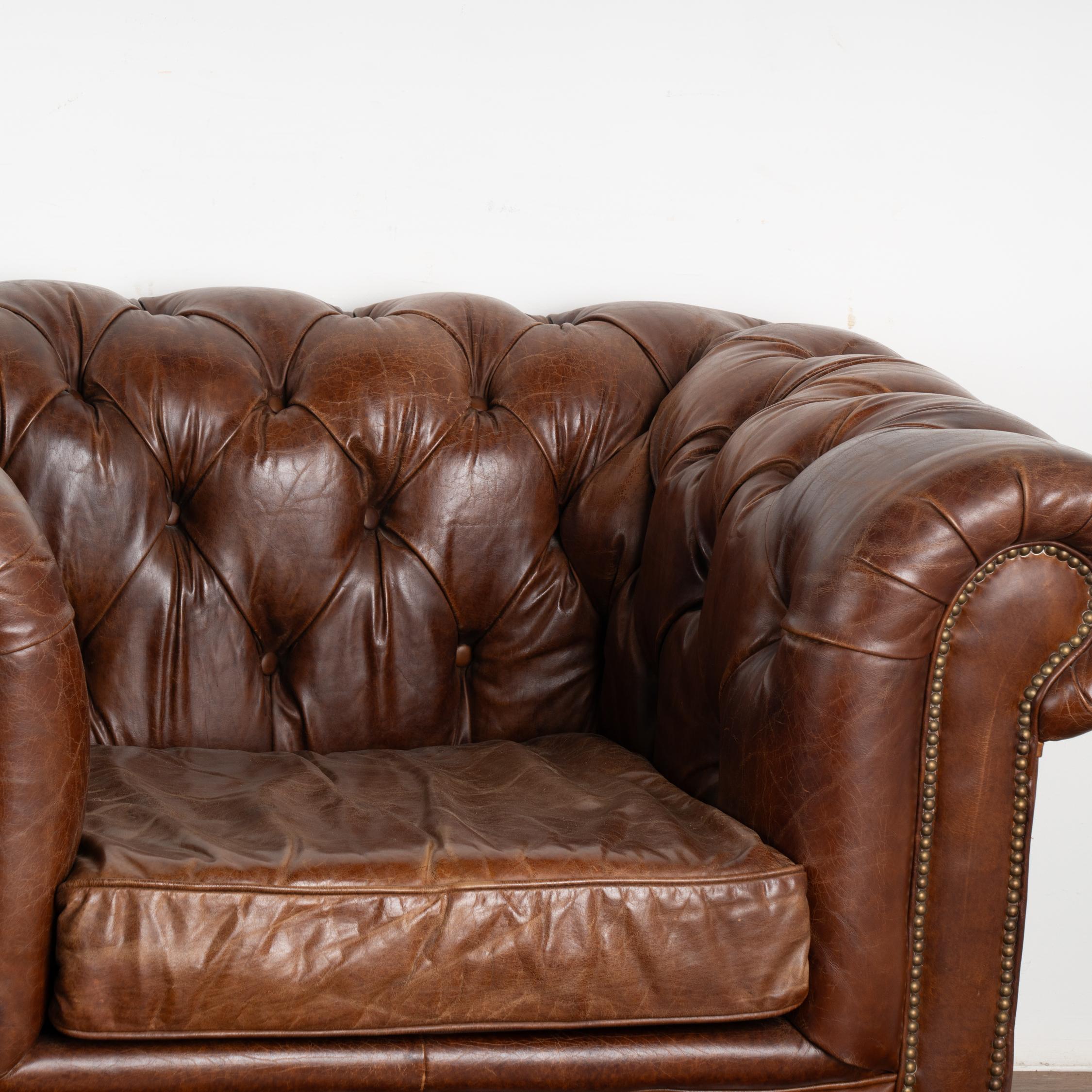 Pair, Vintage Brown Leather Chesterfield Club Arm Chairs, England circa 1970-80 2