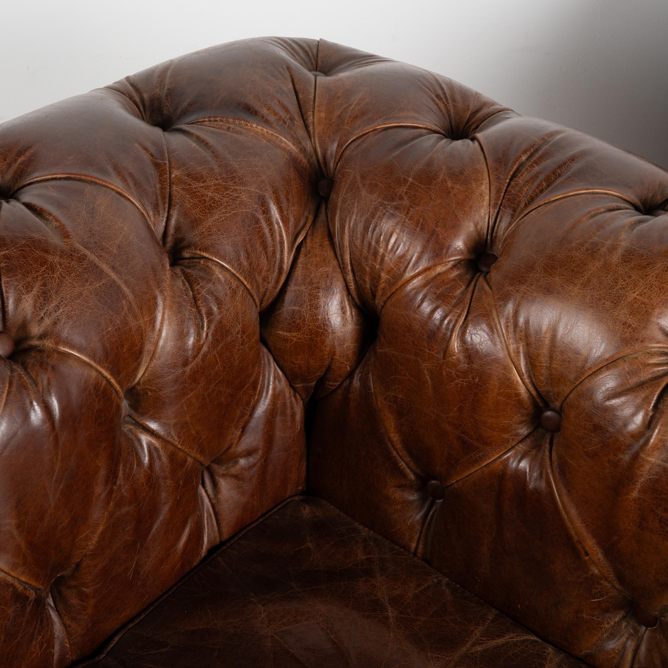 Pair, Vintage Brown Leather Chesterfield Club Arm Chairs, England circa 1970-80 4