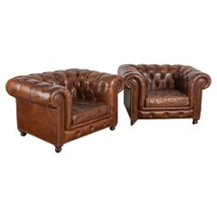 Pair, Vintage Brown Leather Chesterfield Club Arm Chairs, England circa 1970-80