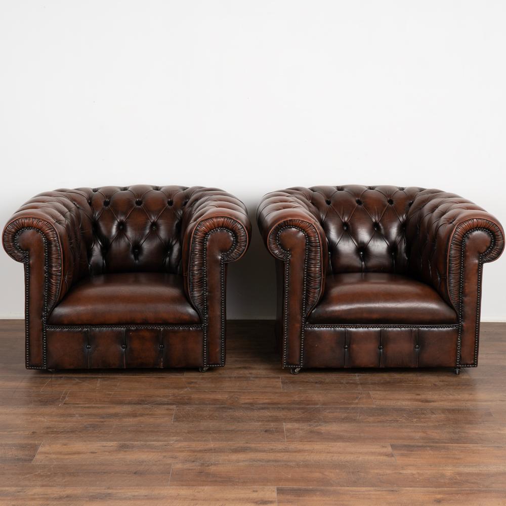 English Pair, Vintage Brown Leather Chesterfield Club Arm Chairs from England circa 1960