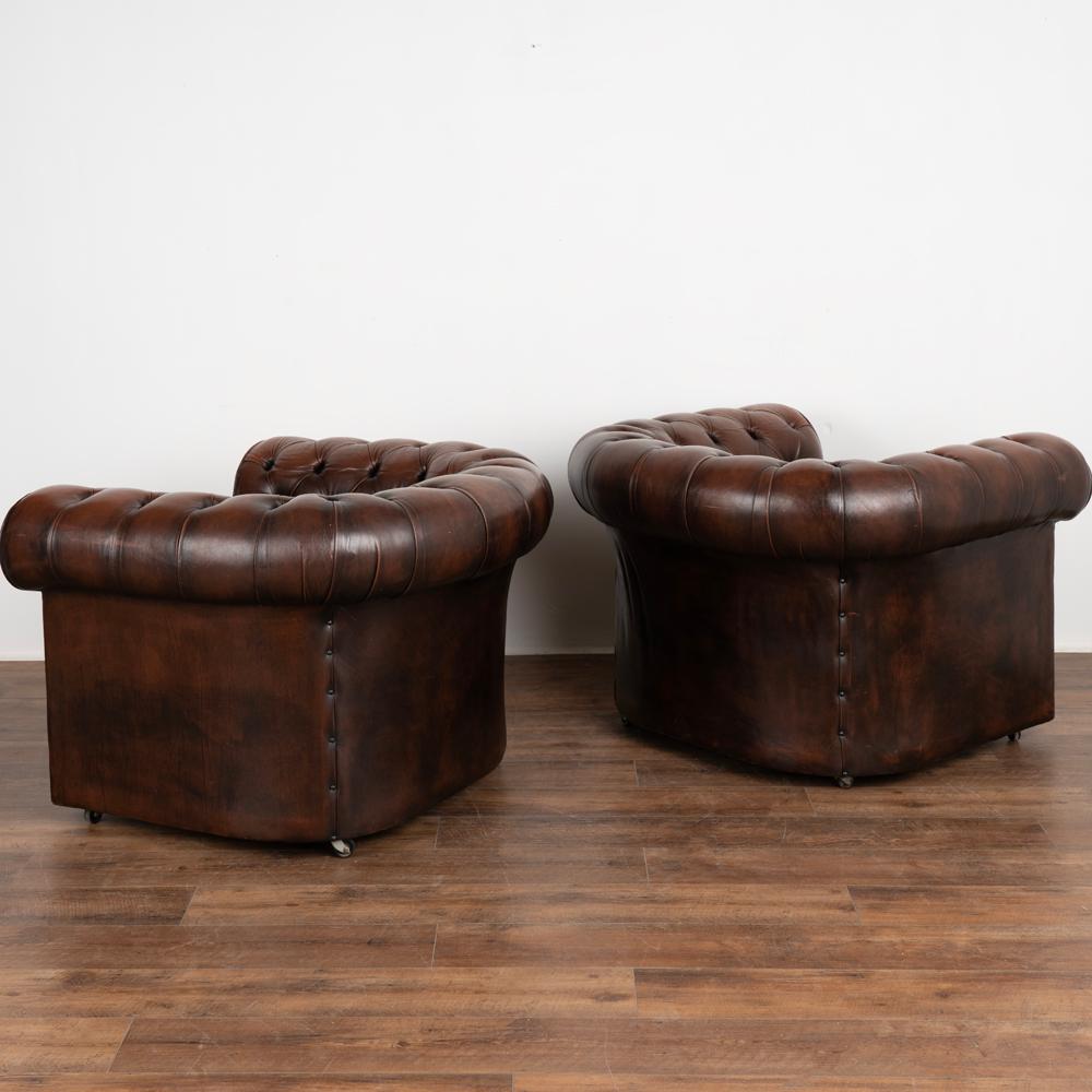 Pair, Vintage Brown Leather Chesterfield Club Arm Chairs from England circa 1960 In Good Condition In Round Top, TX