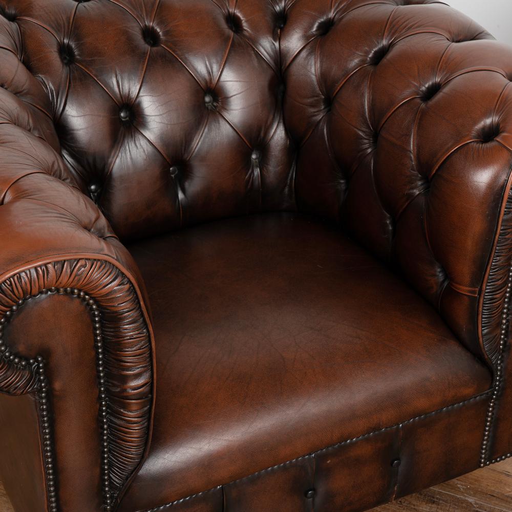 20th Century Pair, Vintage Brown Leather Chesterfield Club Arm Chairs from England circa 1960