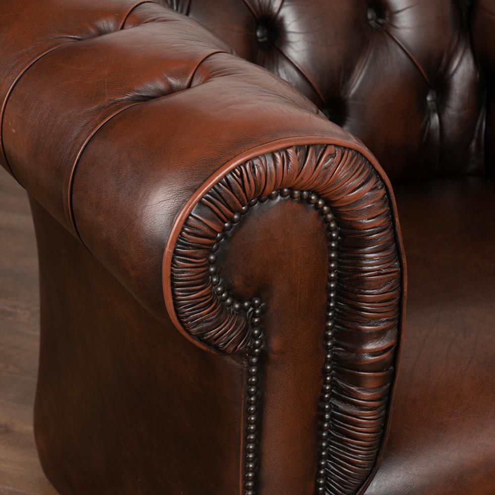 Pair, Vintage Brown Leather Chesterfield Club Arm Chairs from England circa 1960 3