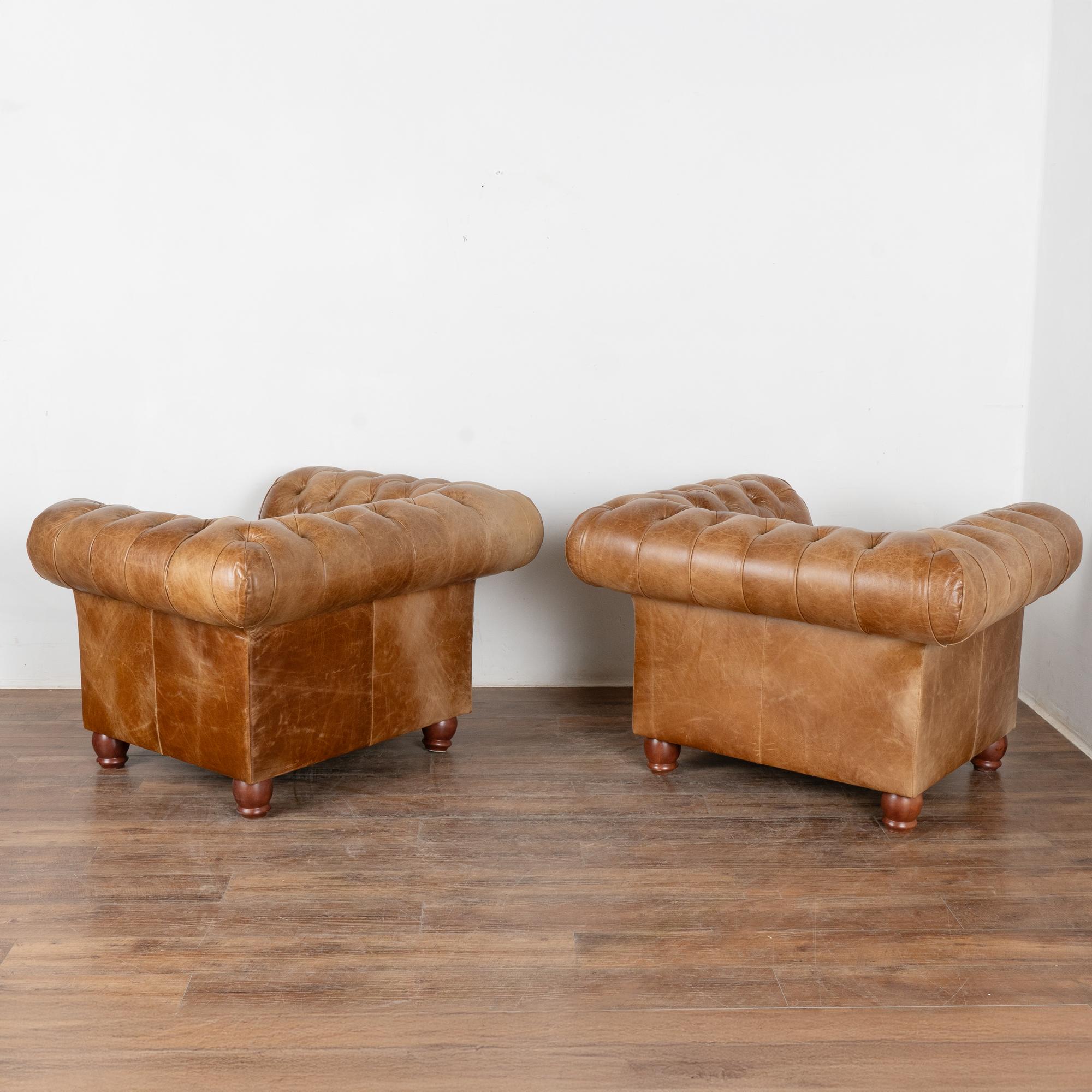 Pair, Vintage Brown Leather Chesterfield Club Armchairs, England circa 1960-80 For Sale 5