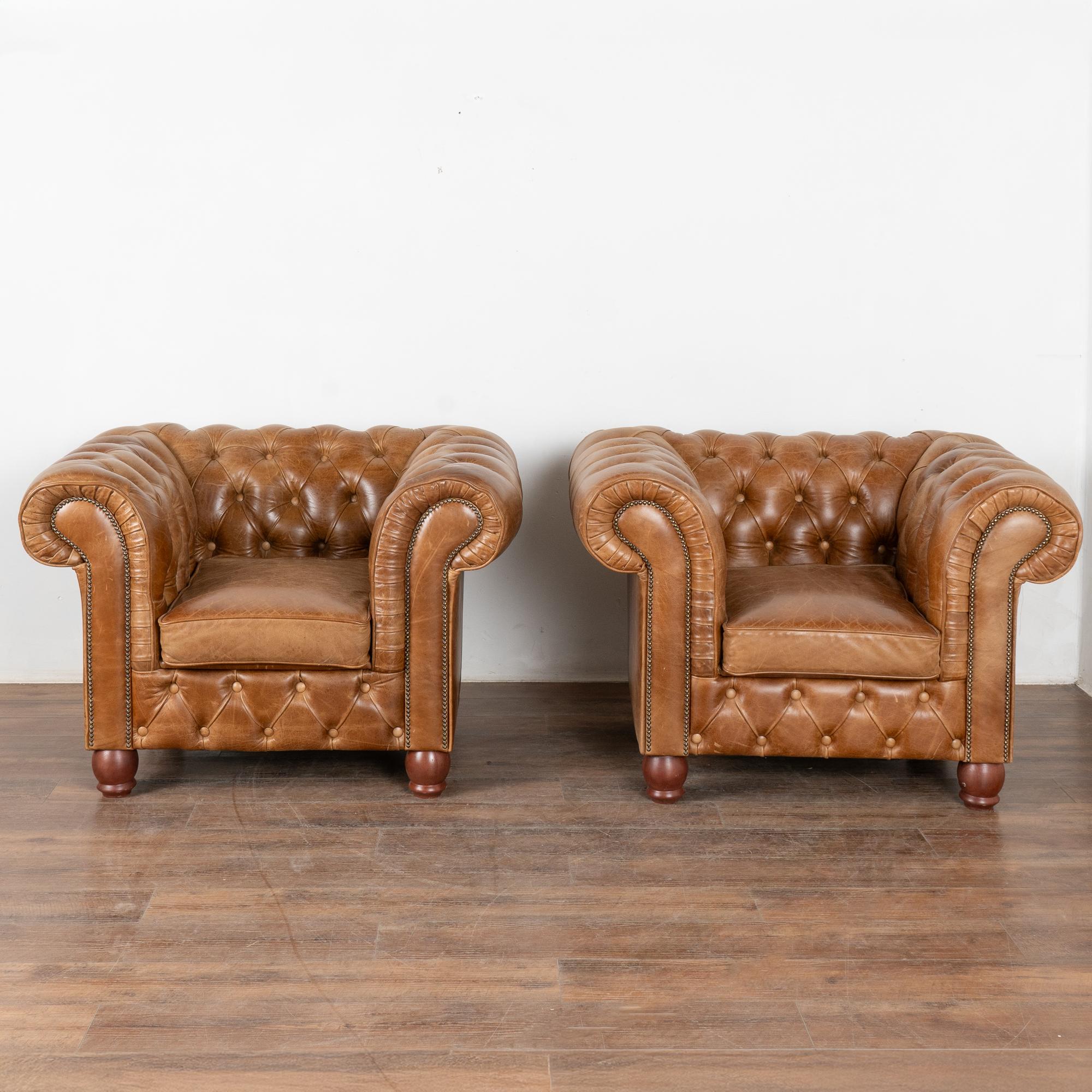 English Pair, Vintage Brown Leather Chesterfield Club Armchairs, England circa 1960-80 For Sale