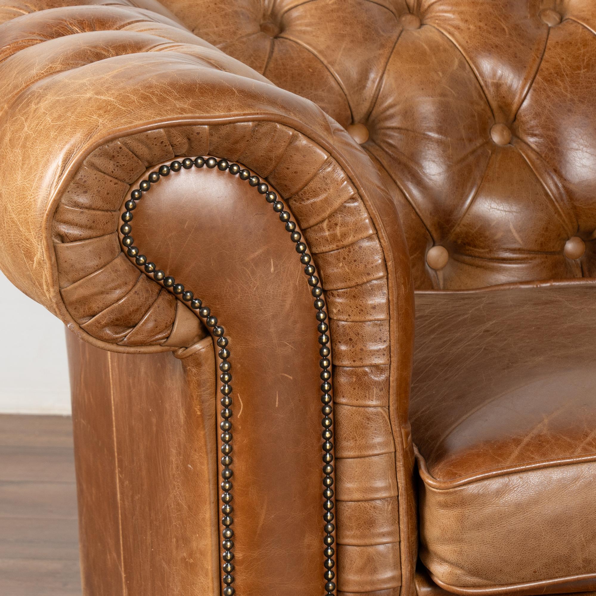 Pair, Vintage Brown Leather Chesterfield Club Armchairs, England circa 1960-80 In Good Condition For Sale In Round Top, TX