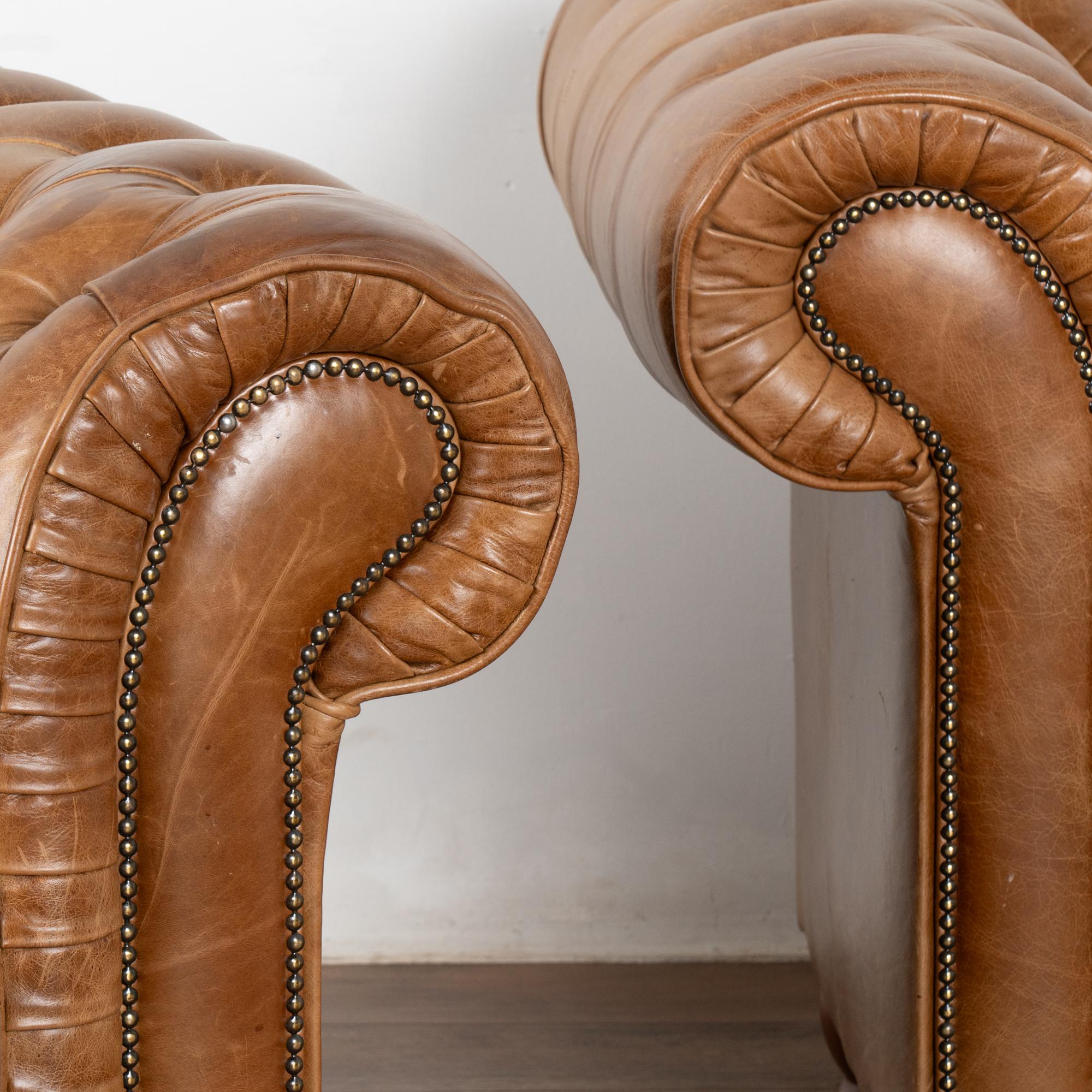 Pair, Vintage Brown Leather Chesterfield Club Armchairs, England circa 1960-80 For Sale 1