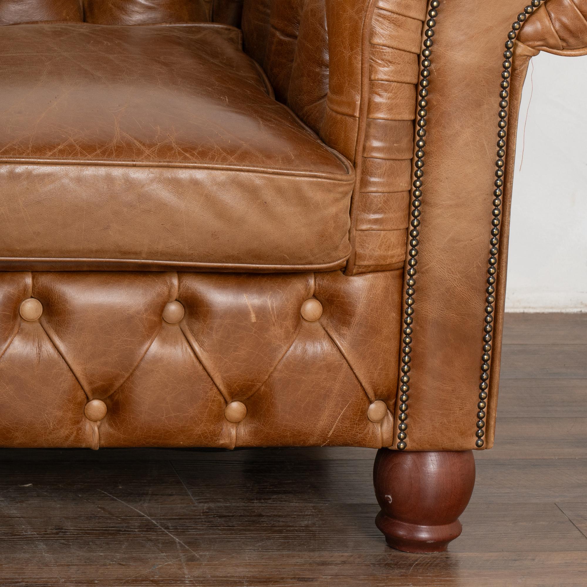 Pair, Vintage Brown Leather Chesterfield Club Armchairs, England circa 1960-80 For Sale 3