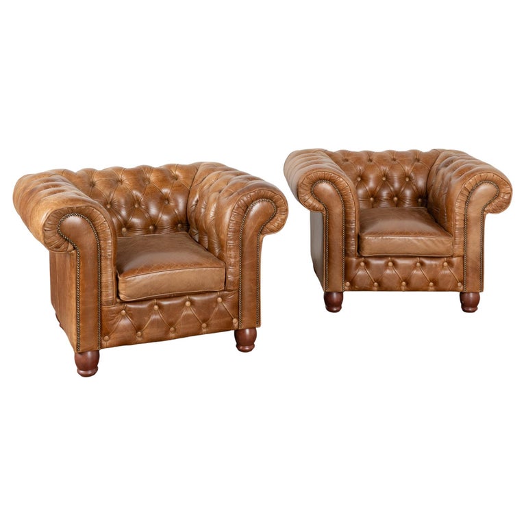 Pair, Vintage Brown Leather Chesterfield Club Armchairs, England