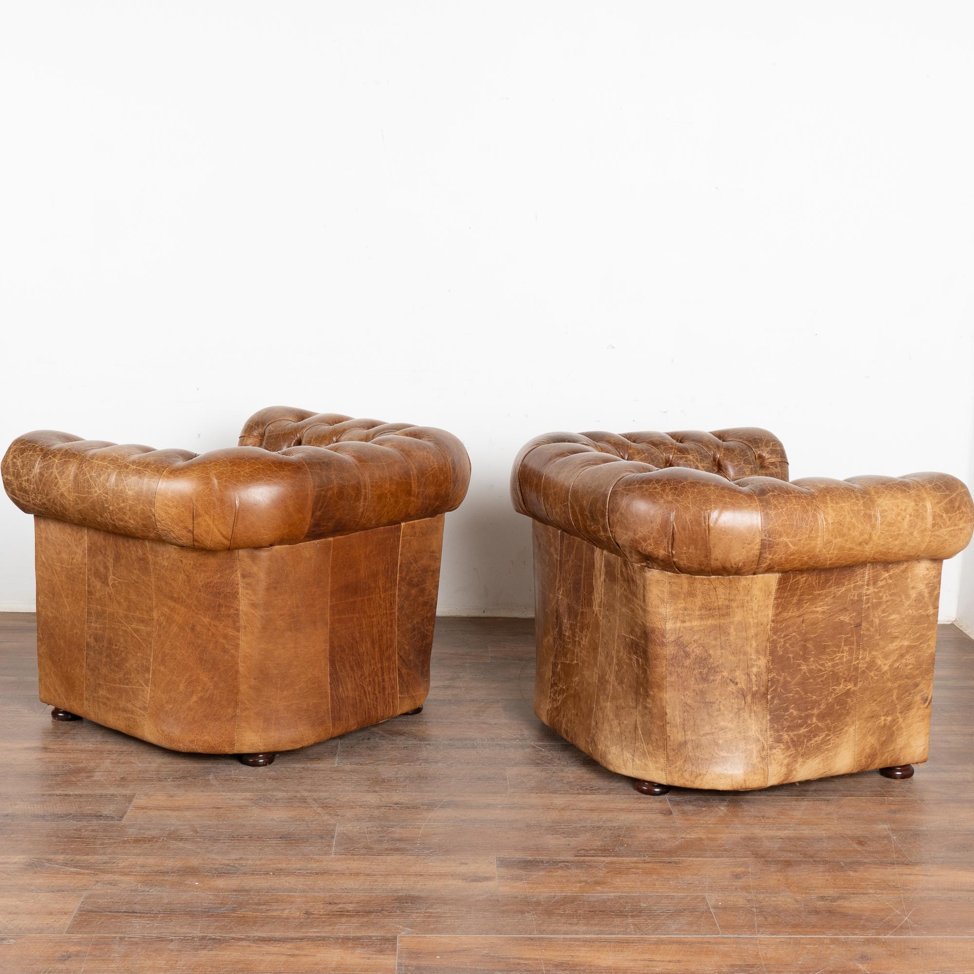 Pair, Vintage Brown Leather Chesterfield Club Chairs, England circa 1940-60 5