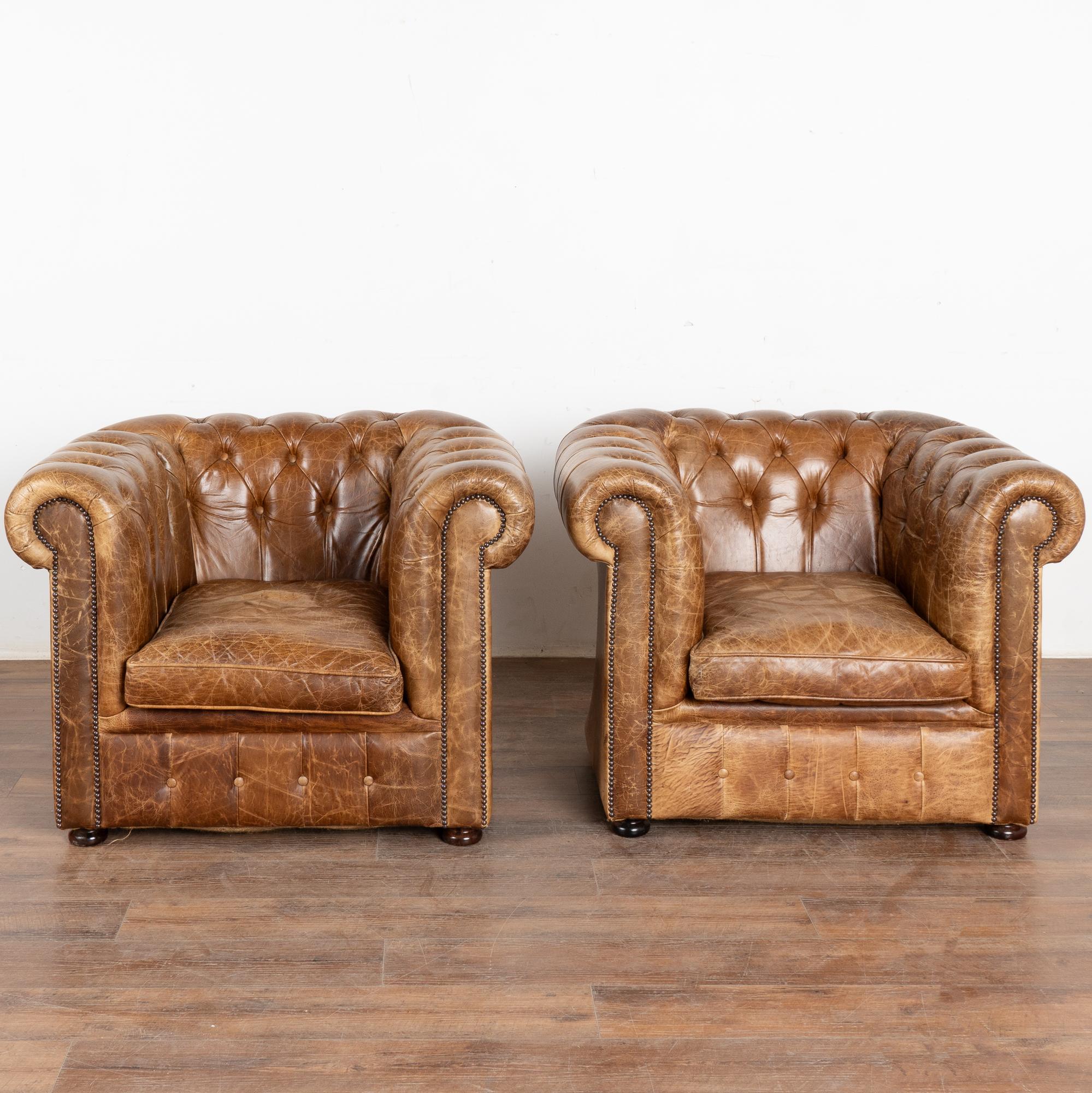 English Pair, Vintage Brown Leather Chesterfield Club Chairs, England circa 1940-60
