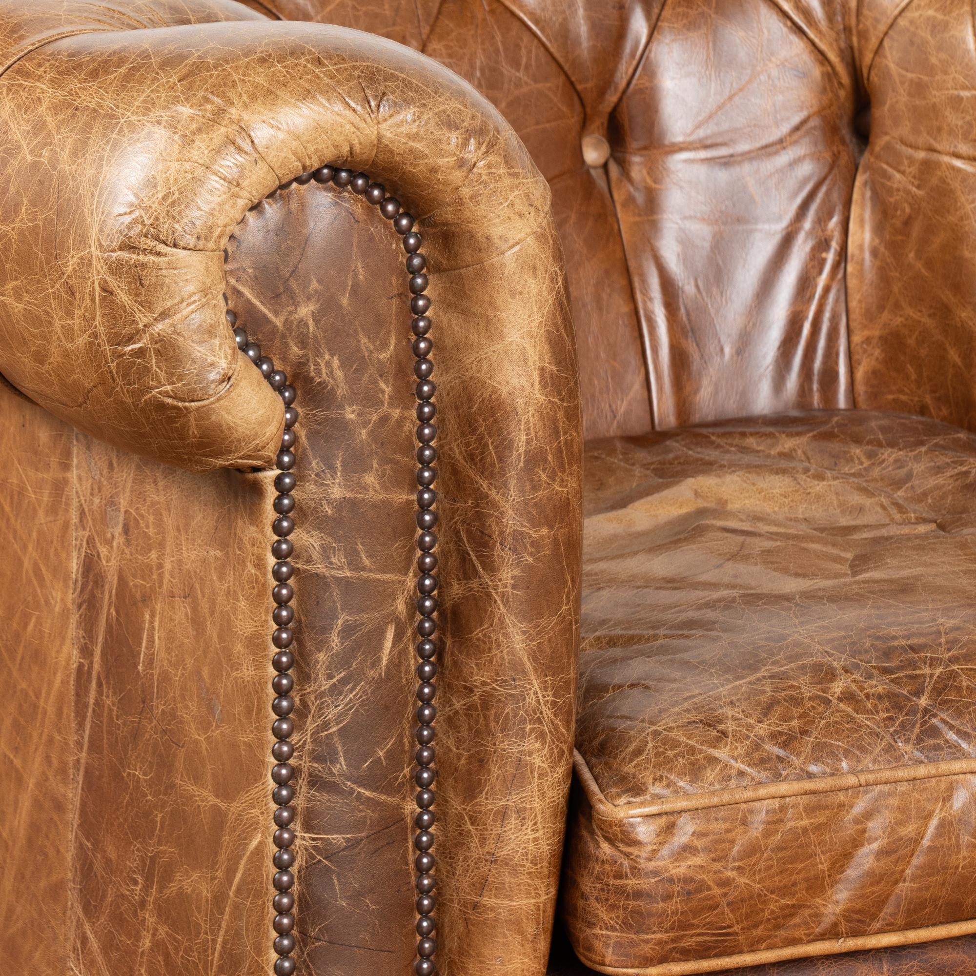 Pair, Vintage Brown Leather Chesterfield Club Chairs, England circa 1940-60 In Good Condition In Round Top, TX