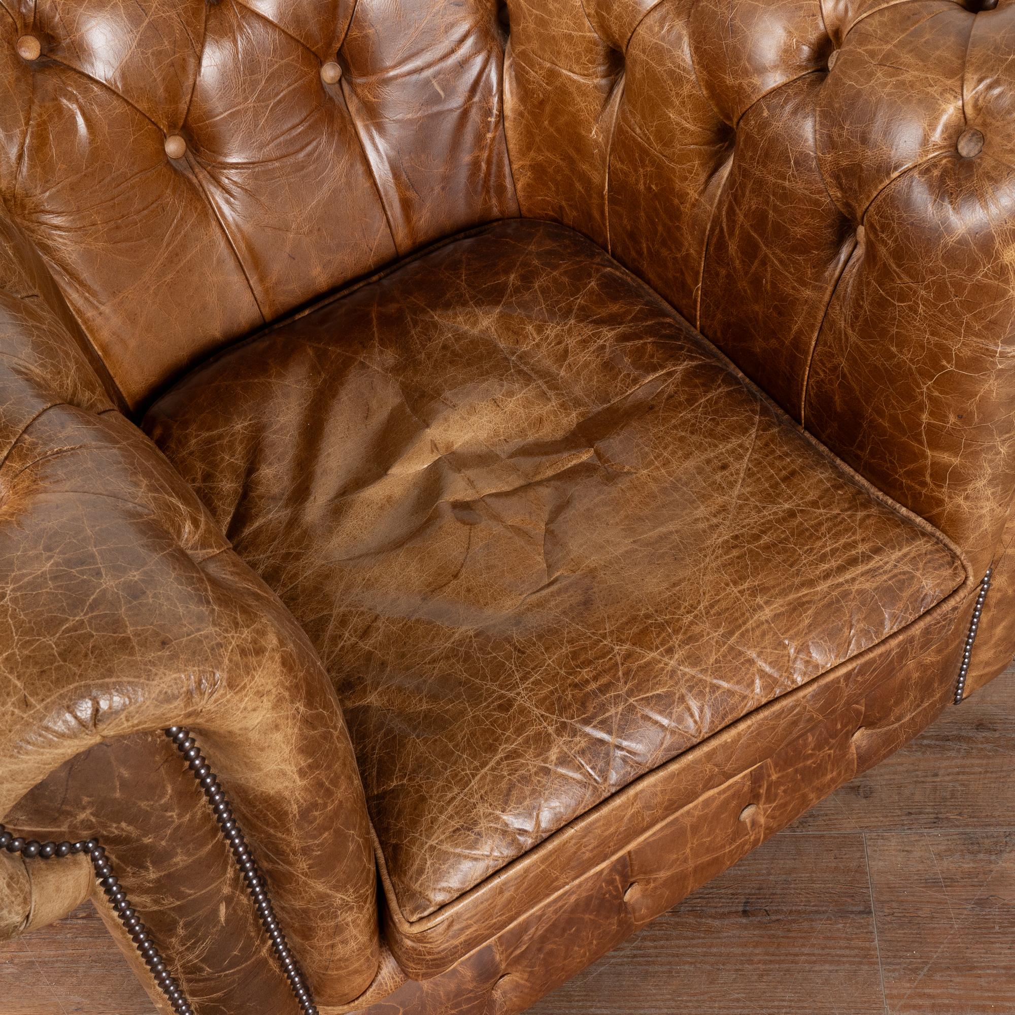 20th Century Pair, Vintage Brown Leather Chesterfield Club Chairs, England circa 1940-60