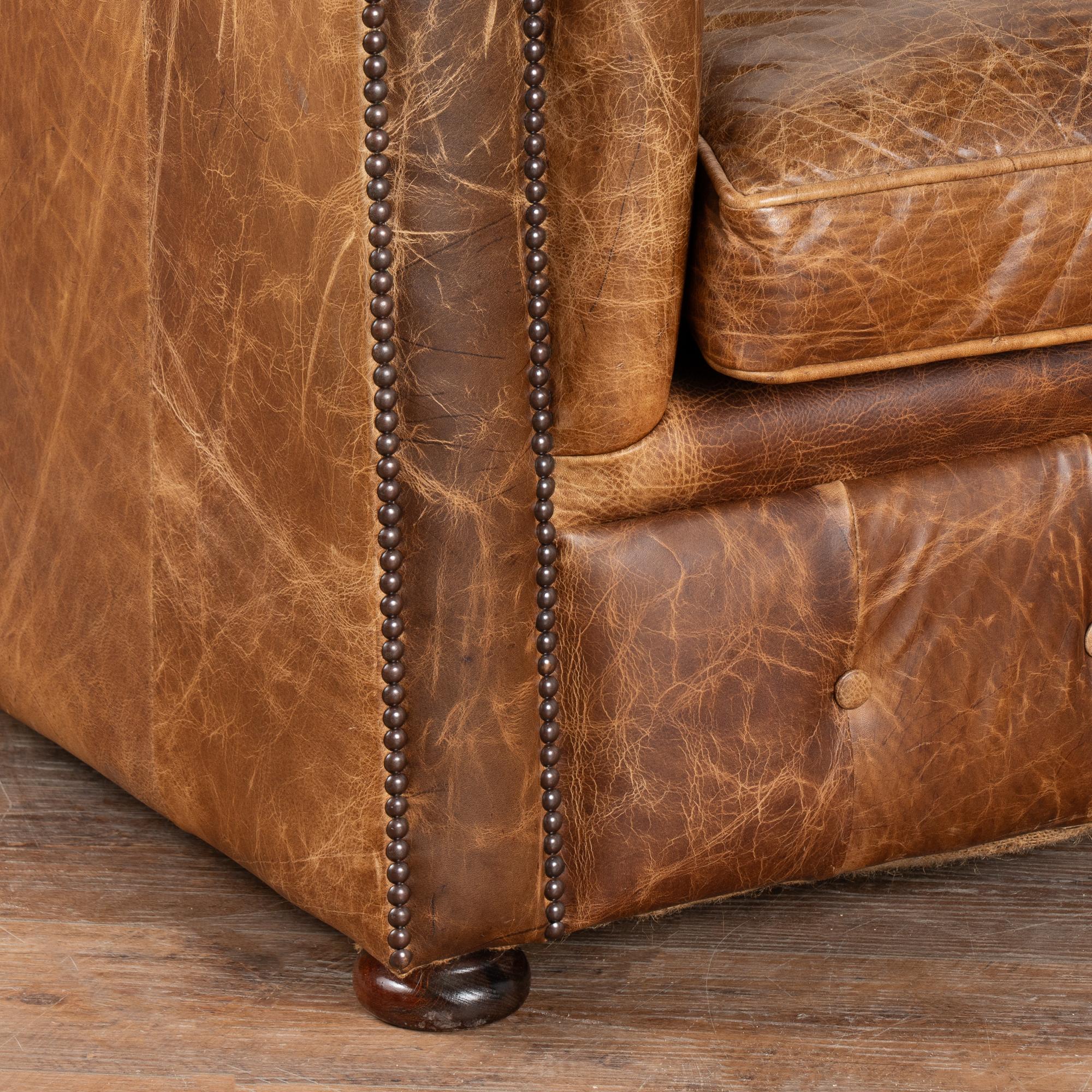 Pair, Vintage Brown Leather Chesterfield Club Chairs, England circa 1940-60 4