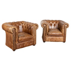 Pair, Vintage Brown Leather Chesterfield Club Chairs, England circa 1940-60