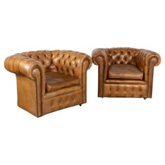 Pair, Vintage Brown Leather Chesterfield Club Chairs, England circa 1960-80