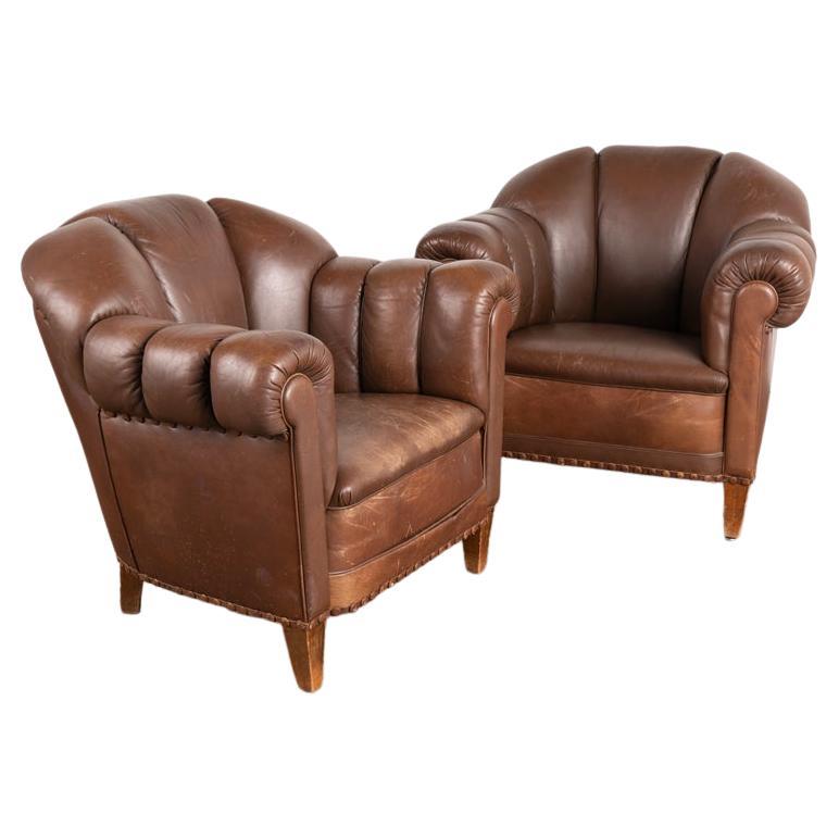 Pair, Vintage Brown Leather Club Arm Chairs