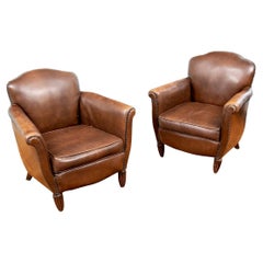 Pair Vintage Brown Leather Club Chairs