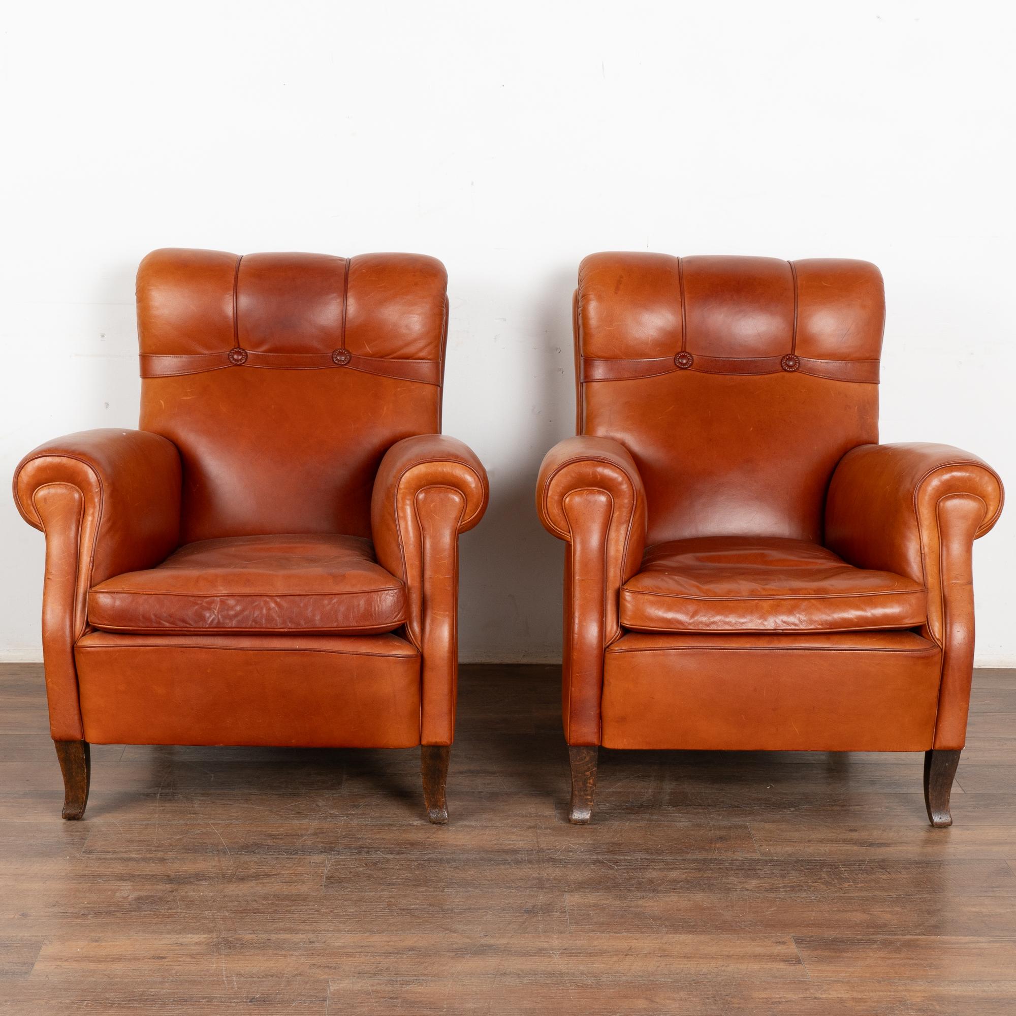 Art Deco Pair, Vintage Brown Leather Club Lounge Chairs, Denmark circa 1960