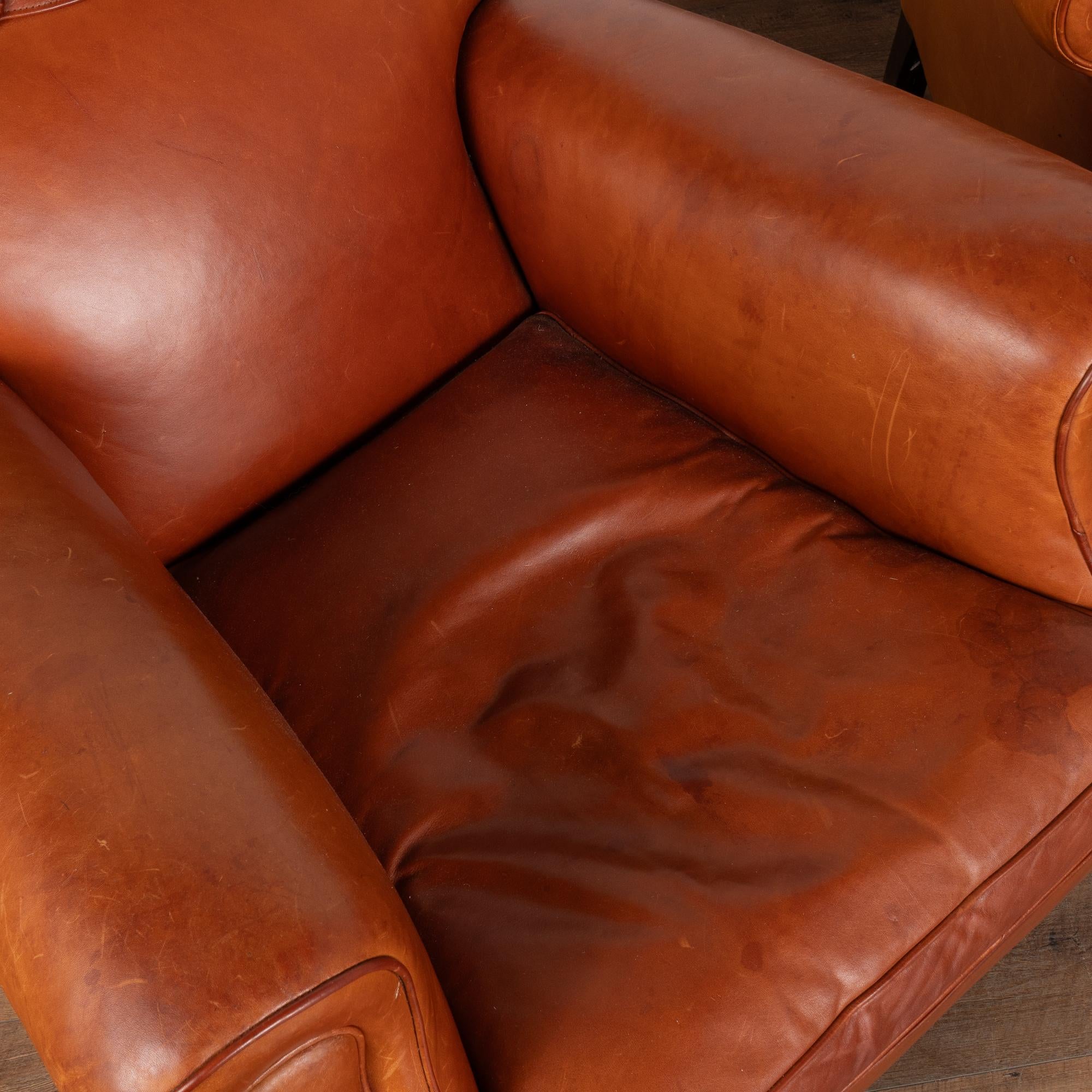 Pair, Vintage Brown Leather Club Lounge Chairs, Denmark circa 1960 1