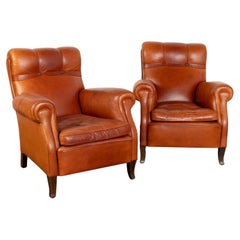 Pair, Vintage Brown Leather Club Lounge Chairs, Denmark circa 1960
