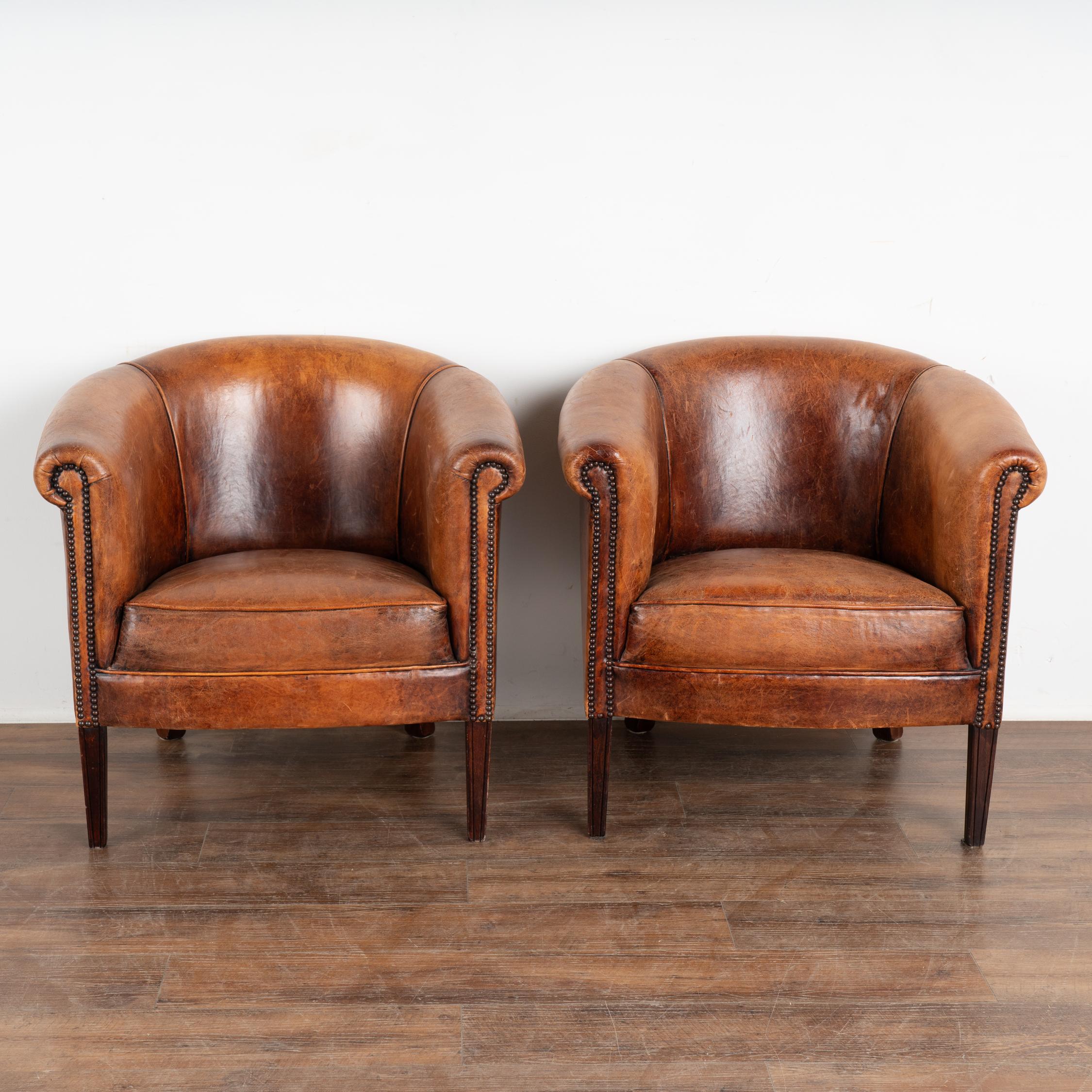 Art Deco Pair, Vintage Brown Leather Club Tub Arm Chairs, The Netherlands 1960-70