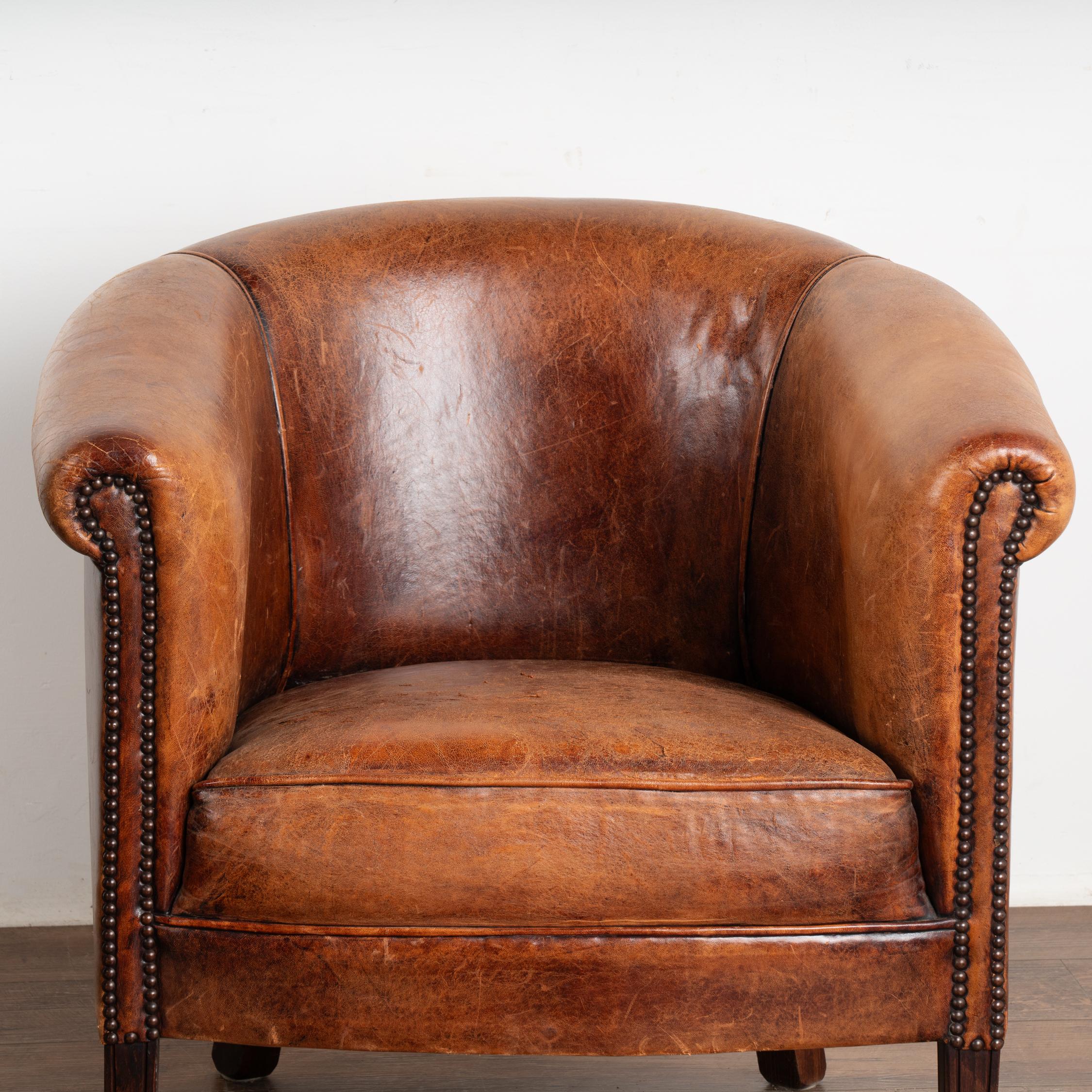 Dutch Pair, Vintage Brown Leather Club Tub Arm Chairs, The Netherlands 1960-70
