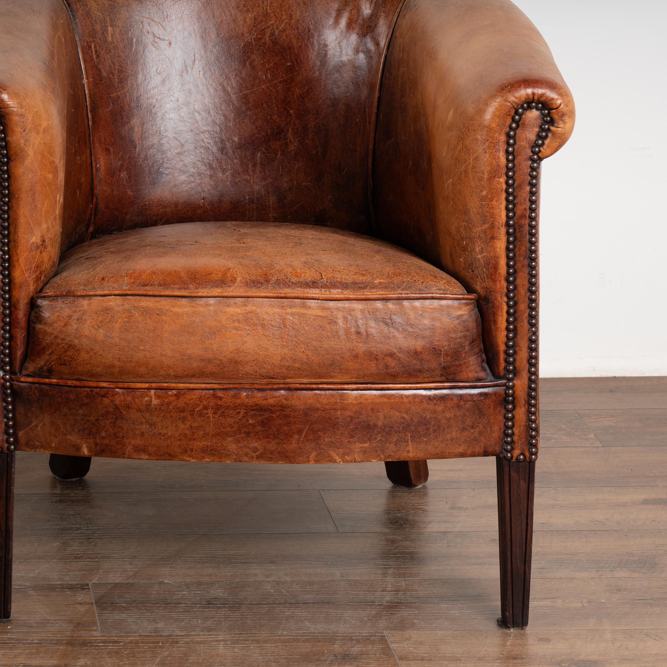 Pair, Vintage Brown Leather Club Tub Arm Chairs, The Netherlands 1960-70 In Good Condition In Round Top, TX