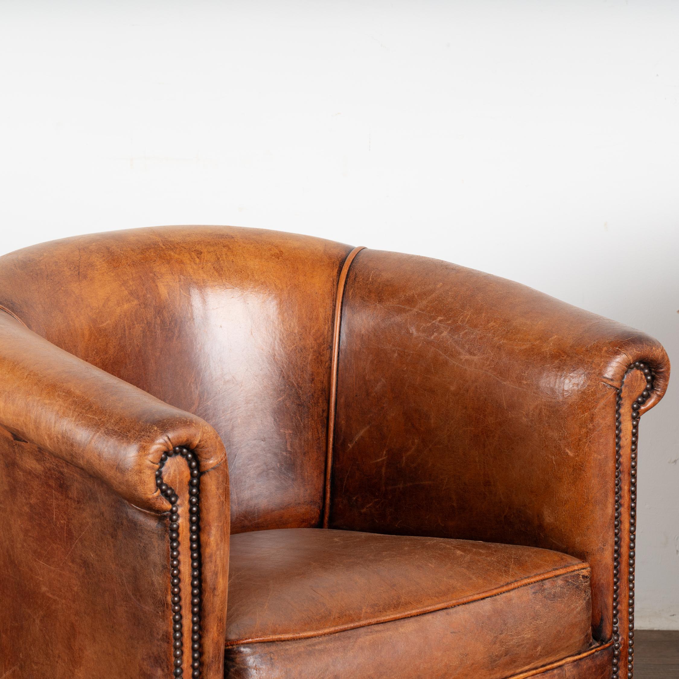 20th Century Pair, Vintage Brown Leather Club Tub Arm Chairs, The Netherlands 1960-70