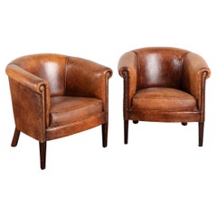 Pair, Vintage Brown Leather Club Tub Arm Chairs, The Netherlands 1960-70