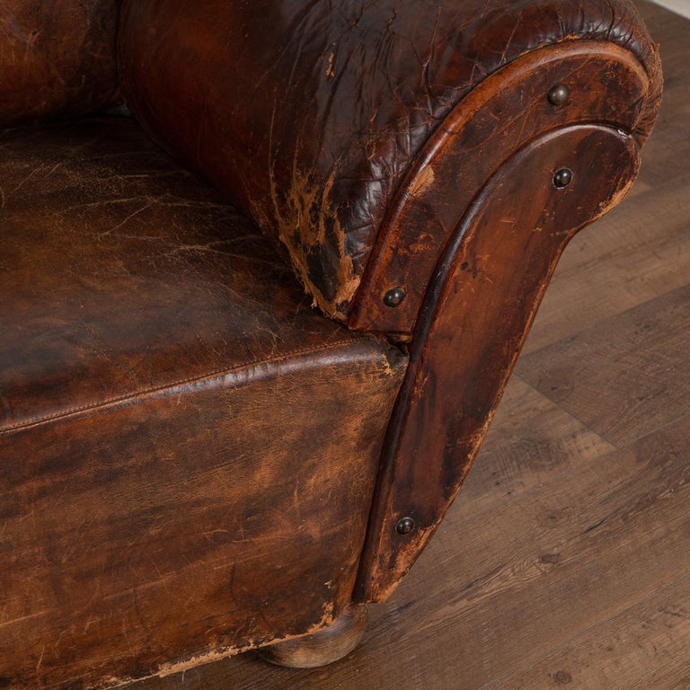 Pair, Vintage Brown Leather Large Club Chairs from France, circa 1940
