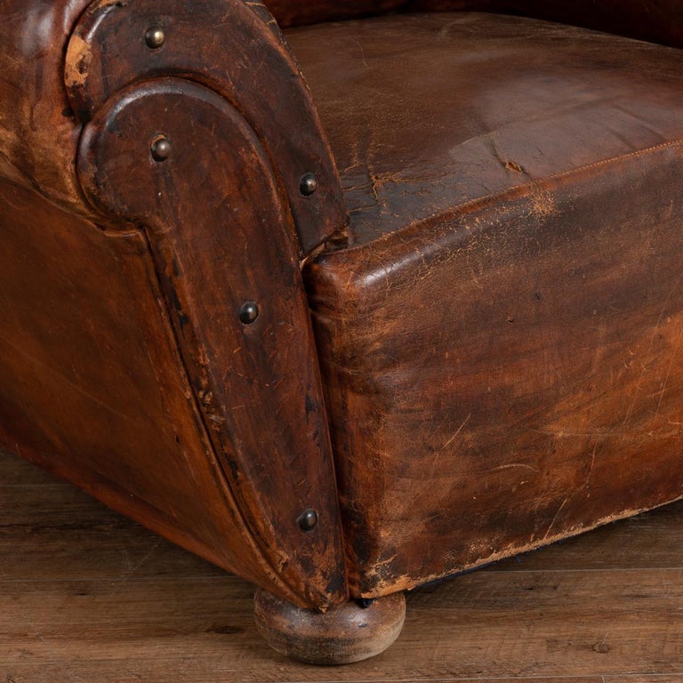 Pair, Vintage Brown Leather Large Club Chairs from France, circa 1940
