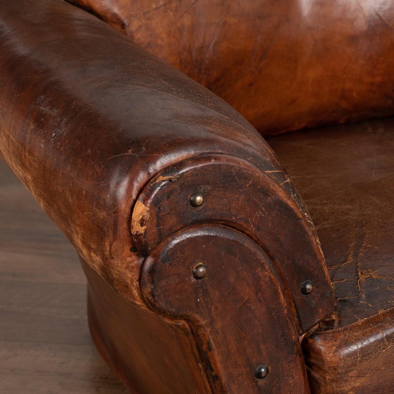 Pair, Vintage Brown Leather Large Club Chairs from France, circa 1940
