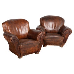 Pair, Vintage Brown Leather Large Club Chairs from France, circa 1940