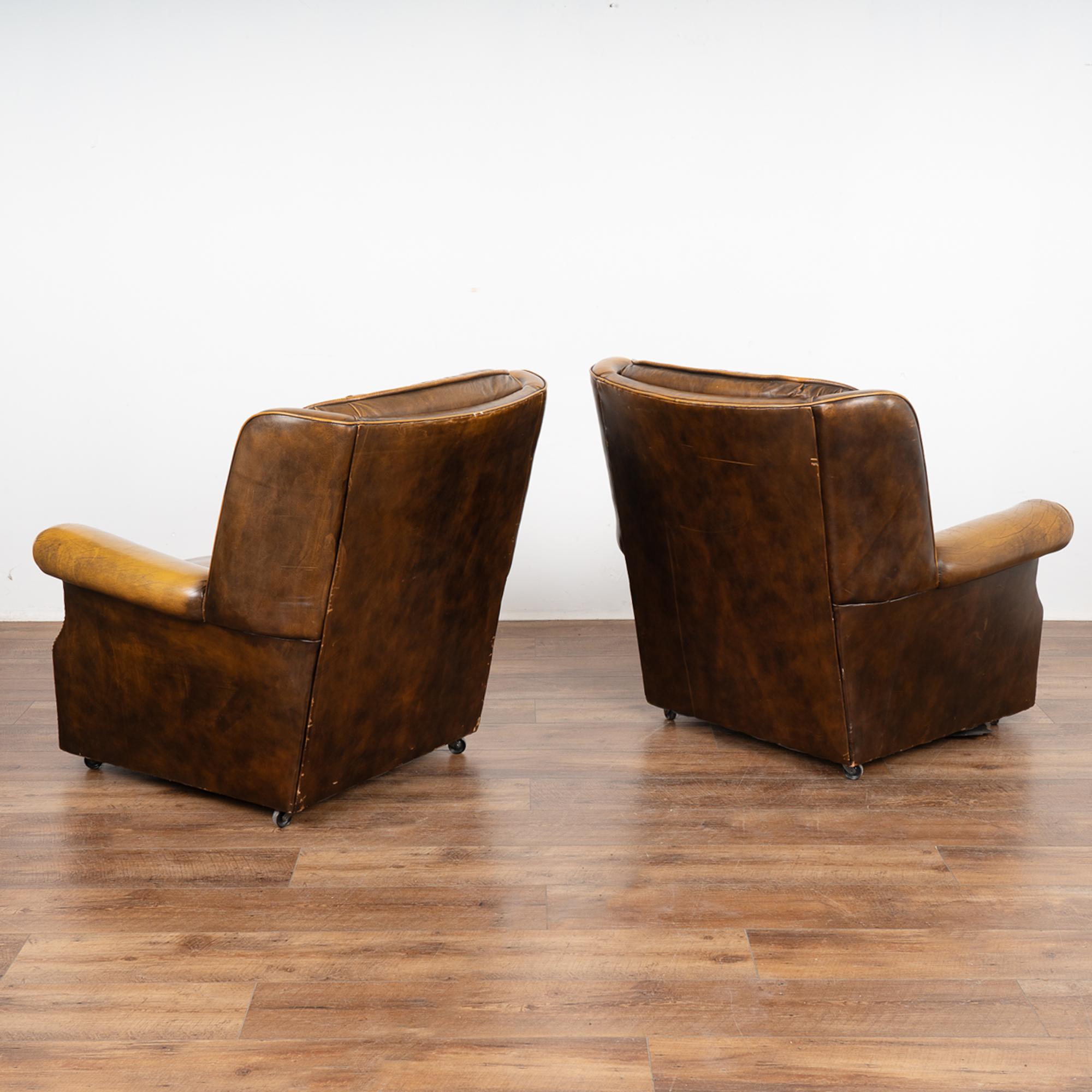 Pair, Vintage Brown Leather Lounge Arm Chairs, Denmark 1980 For Sale 5