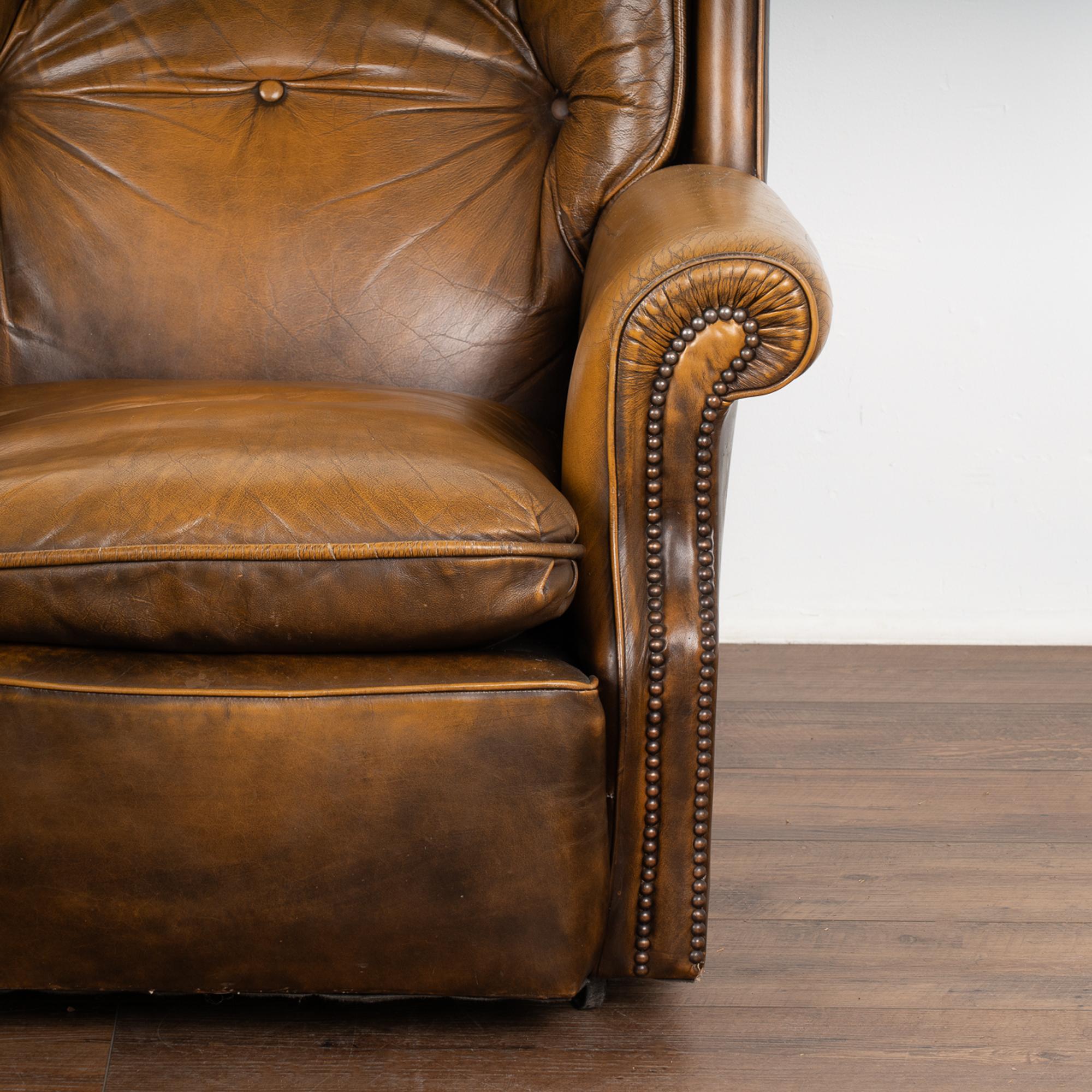 20th Century Pair, Vintage Brown Leather Lounge Arm Chairs, Denmark 1980 For Sale