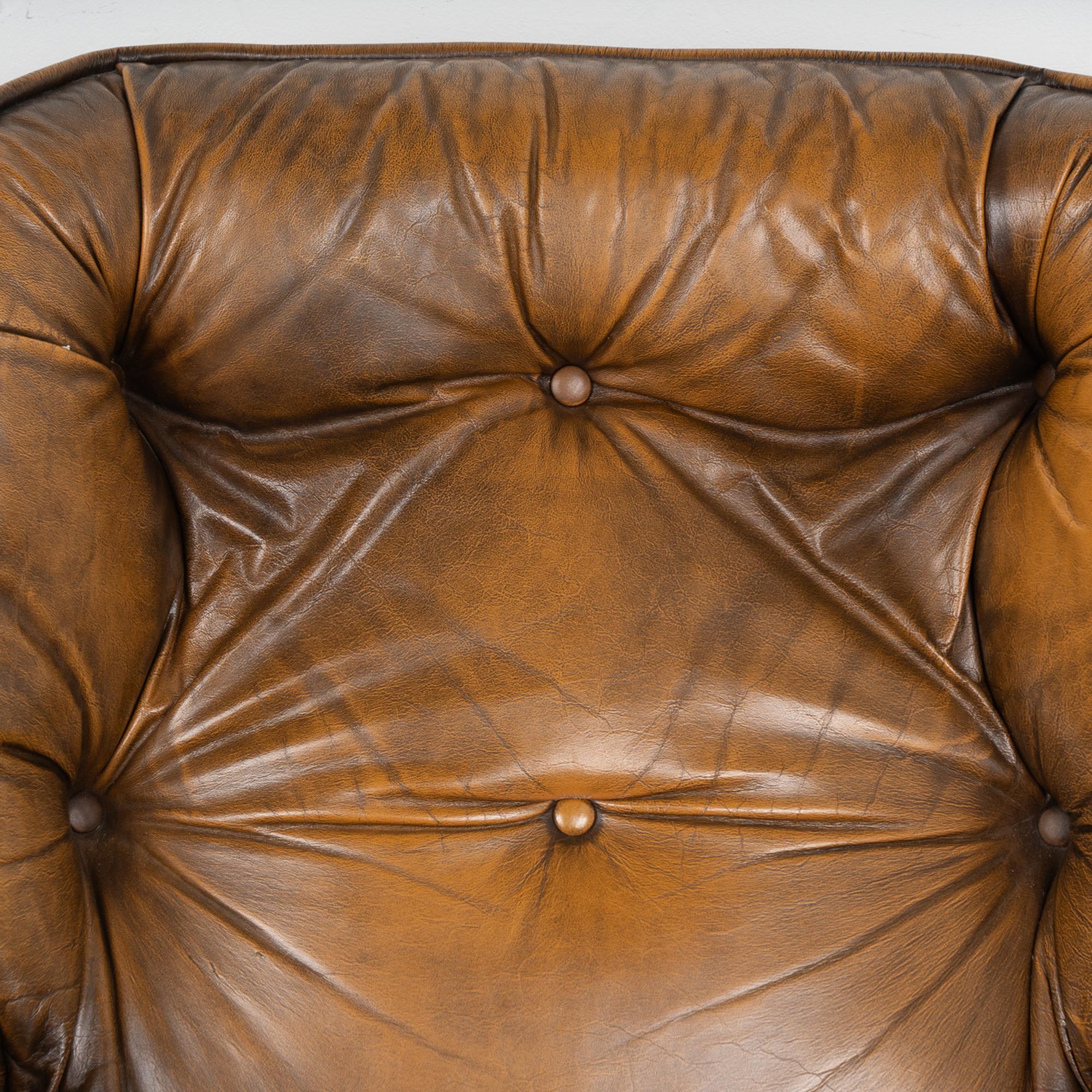 Pair, Vintage Brown Leather Lounge Arm Chairs, Denmark 1980 For Sale 1