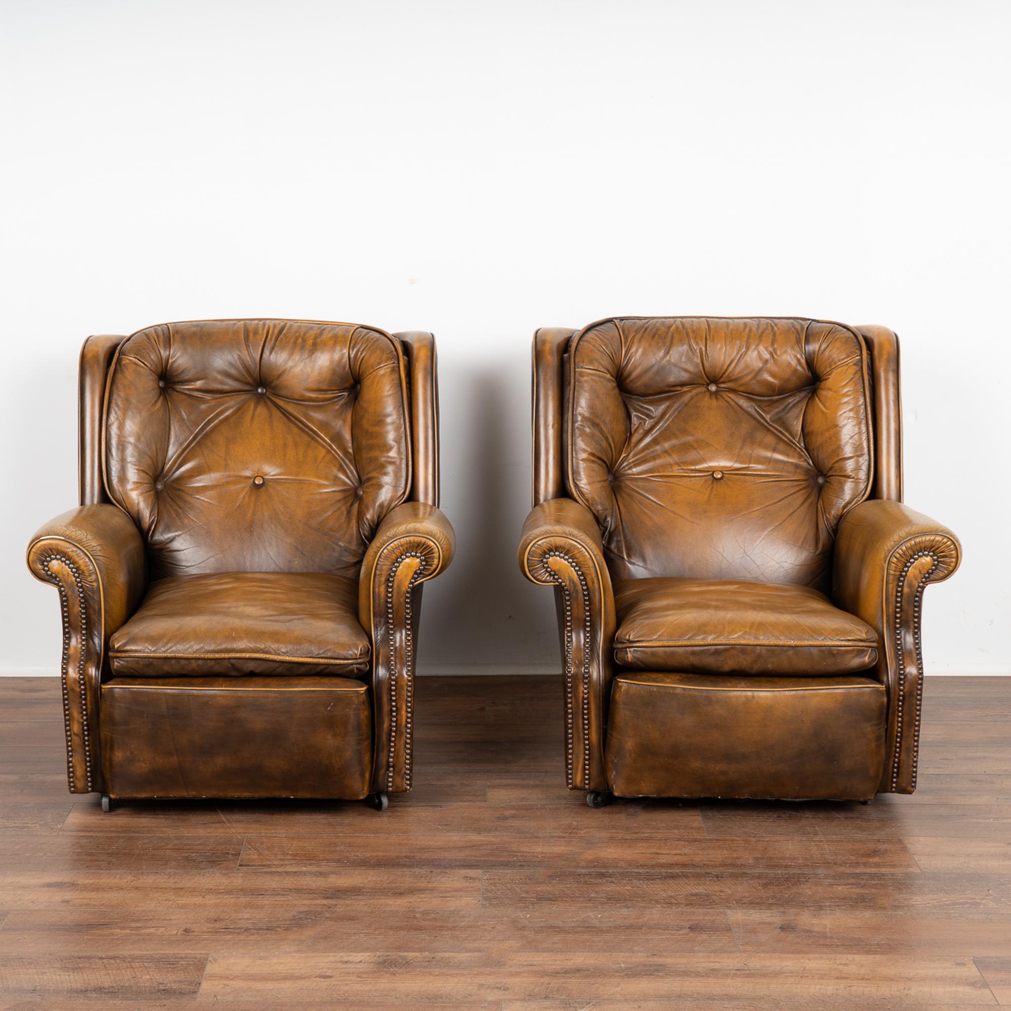 Pair, Vintage Brown Leather Lounge Arm Chairs, Denmark 1980 For Sale 3