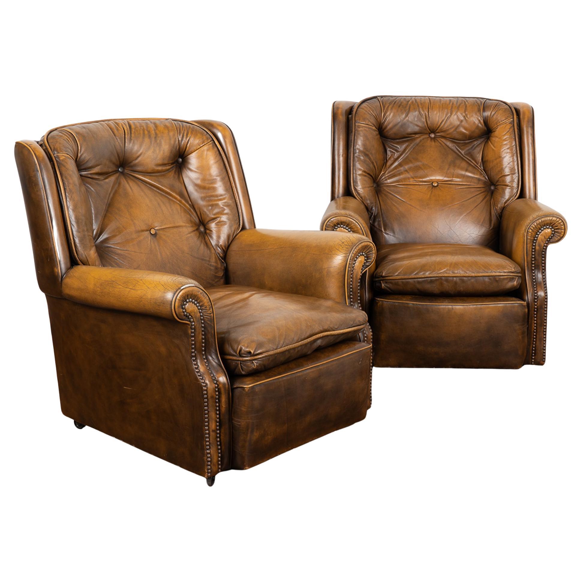 Pair, Vintage Brown Leather Lounge Arm Chairs, Denmark 1980 For Sale
