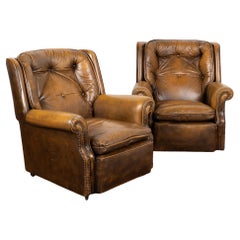 Pair, Vintage Brown Leather Lounge Arm Chairs, Denmark 1980