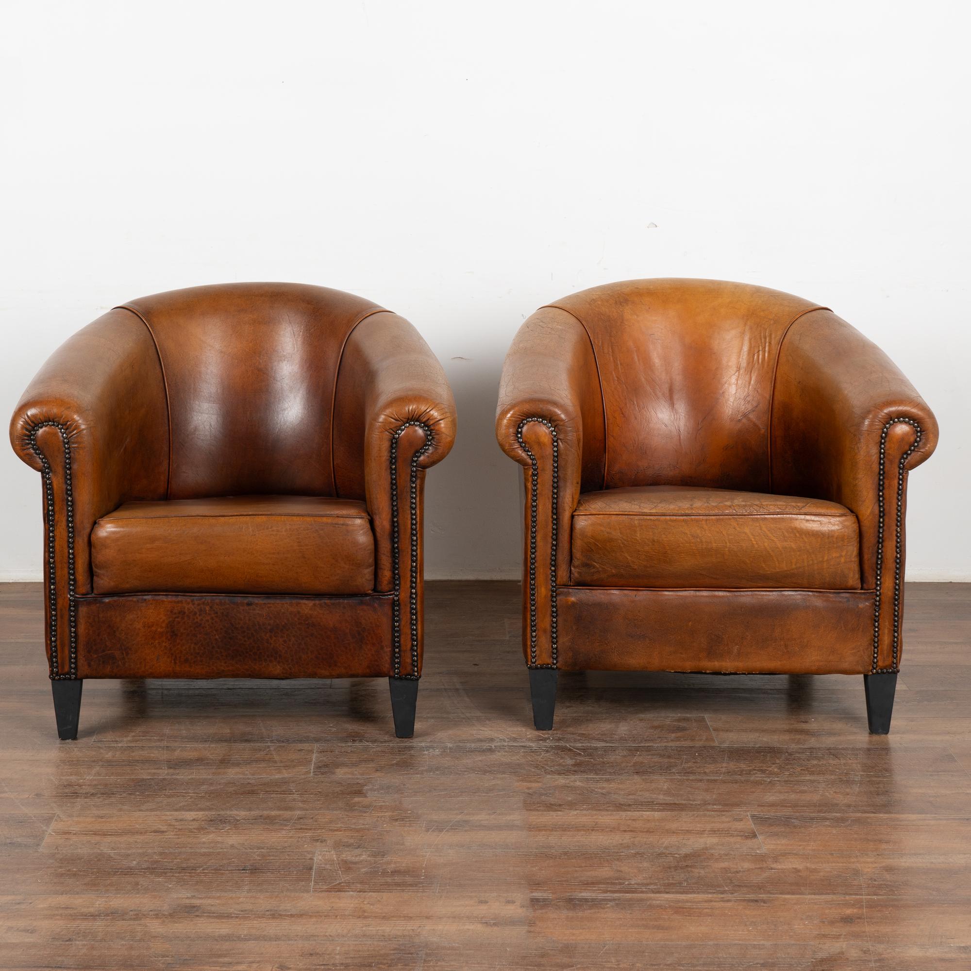 Pair, Vintage Brown Leather Tub Arm Chairs, France Circa 1940-60 4