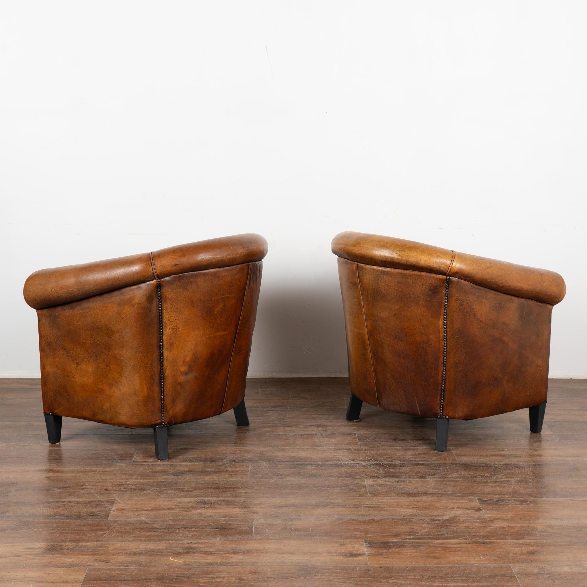 Pair, Vintage Brown Leather Tub Arm Chairs, France Circa 1940-60 5