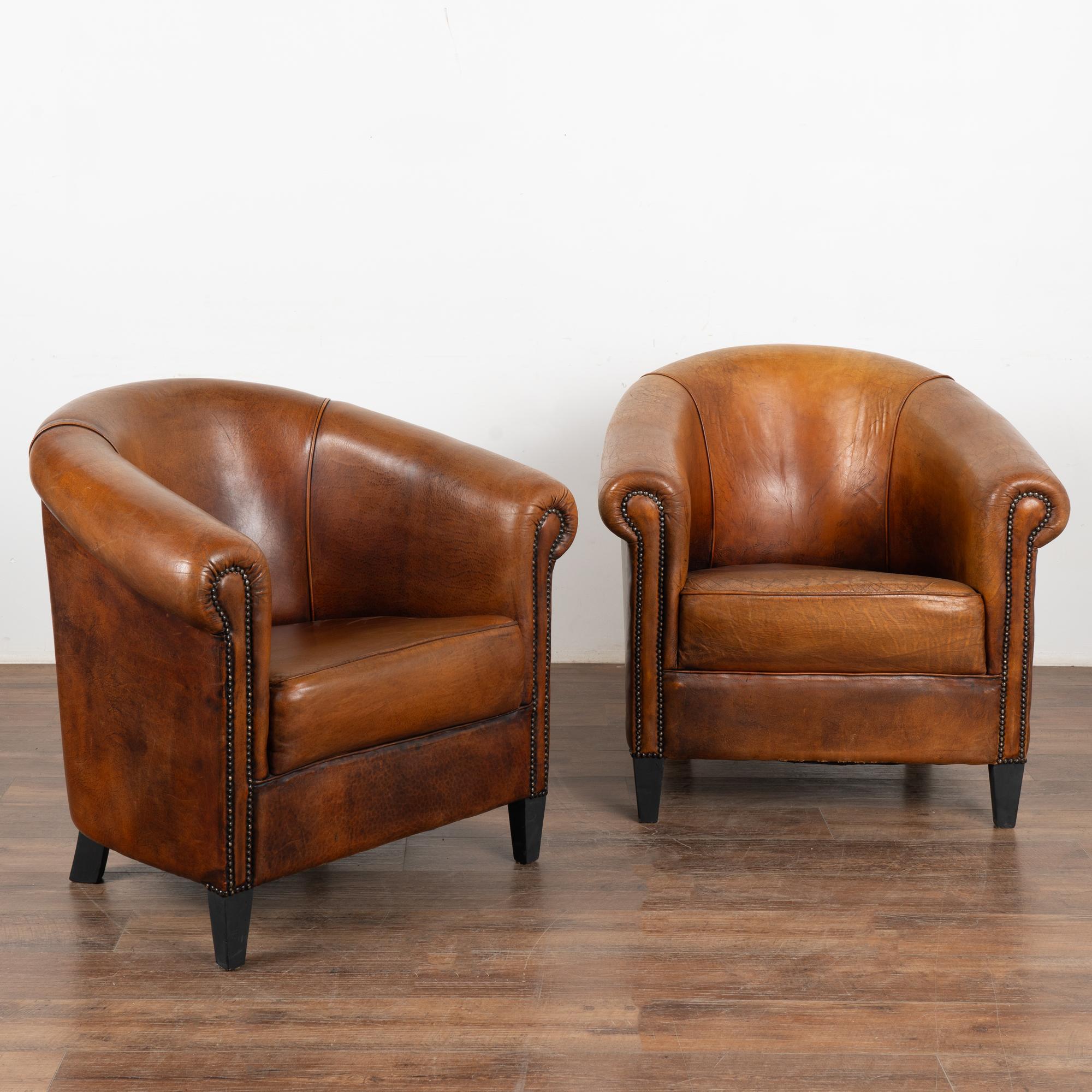 Pair, brown leather tub club chairs with hard wood legs.
Upholstered in vintage brown sheep leather with rich patina, slender rolled arms with nail head trim.
Sold in original vintage condition; solid/stable and sits comfortably snug. Typical age