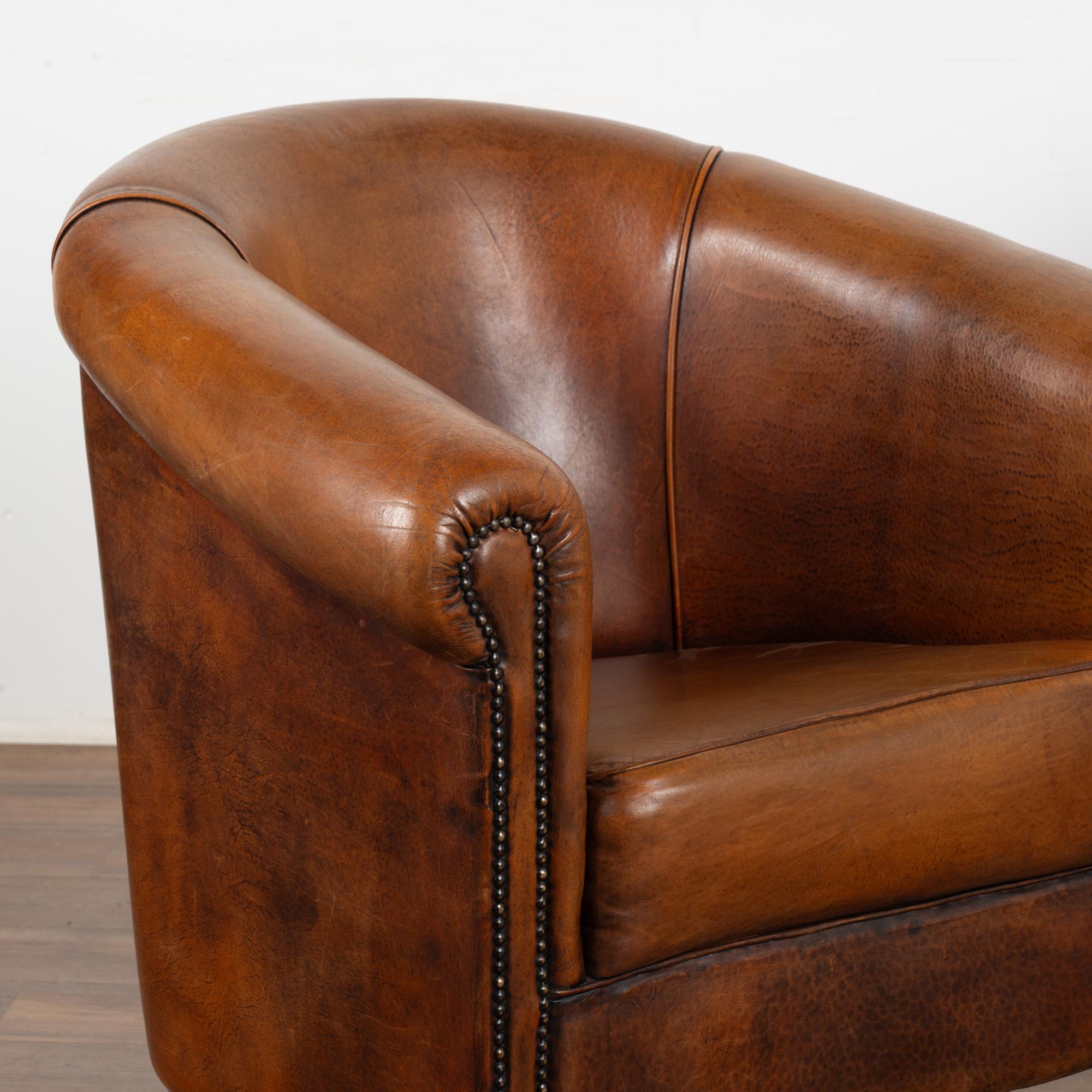 Art Deco Pair, Vintage Brown Leather Tub Arm Chairs, France Circa 1940-60