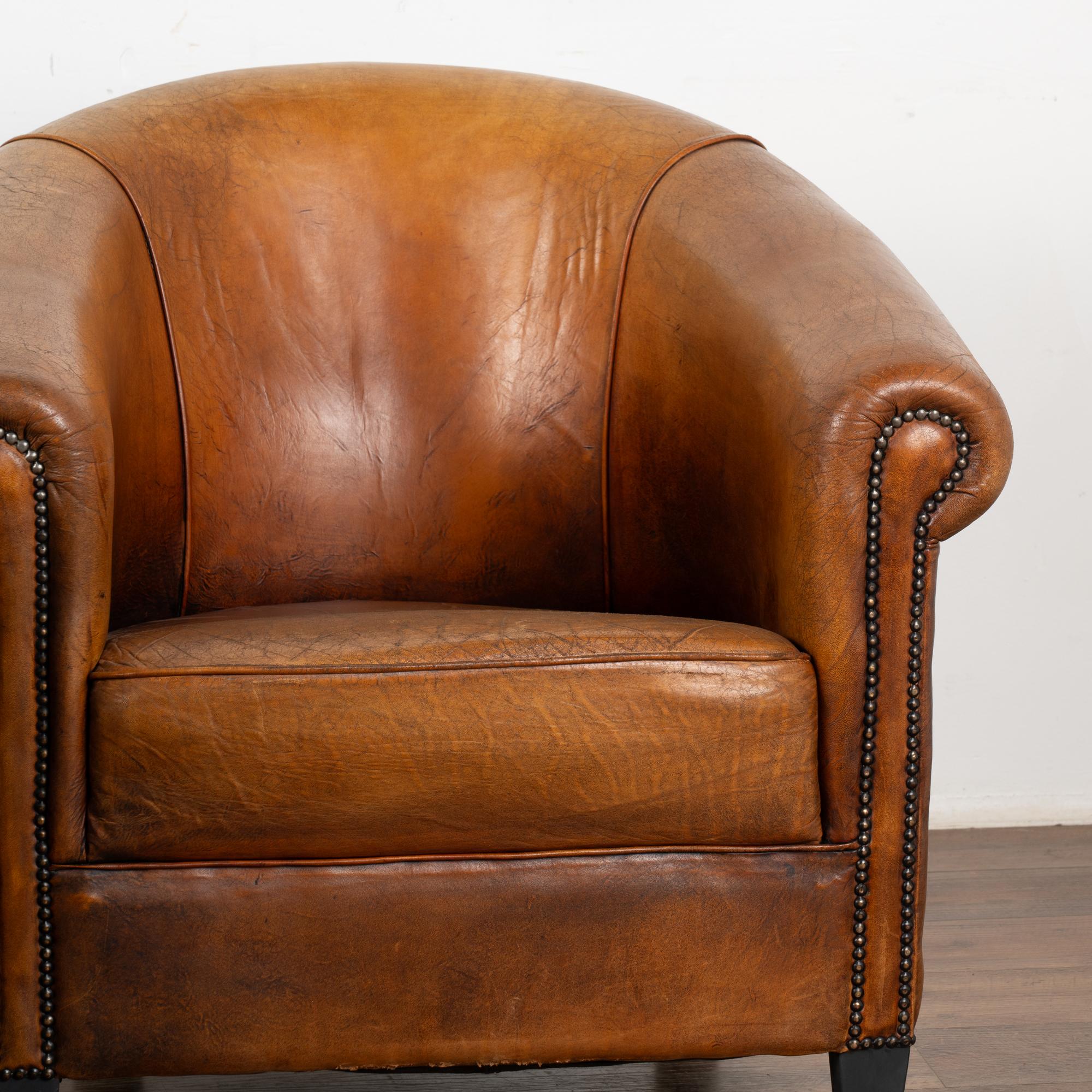 French Pair, Vintage Brown Leather Tub Arm Chairs, France Circa 1940-60