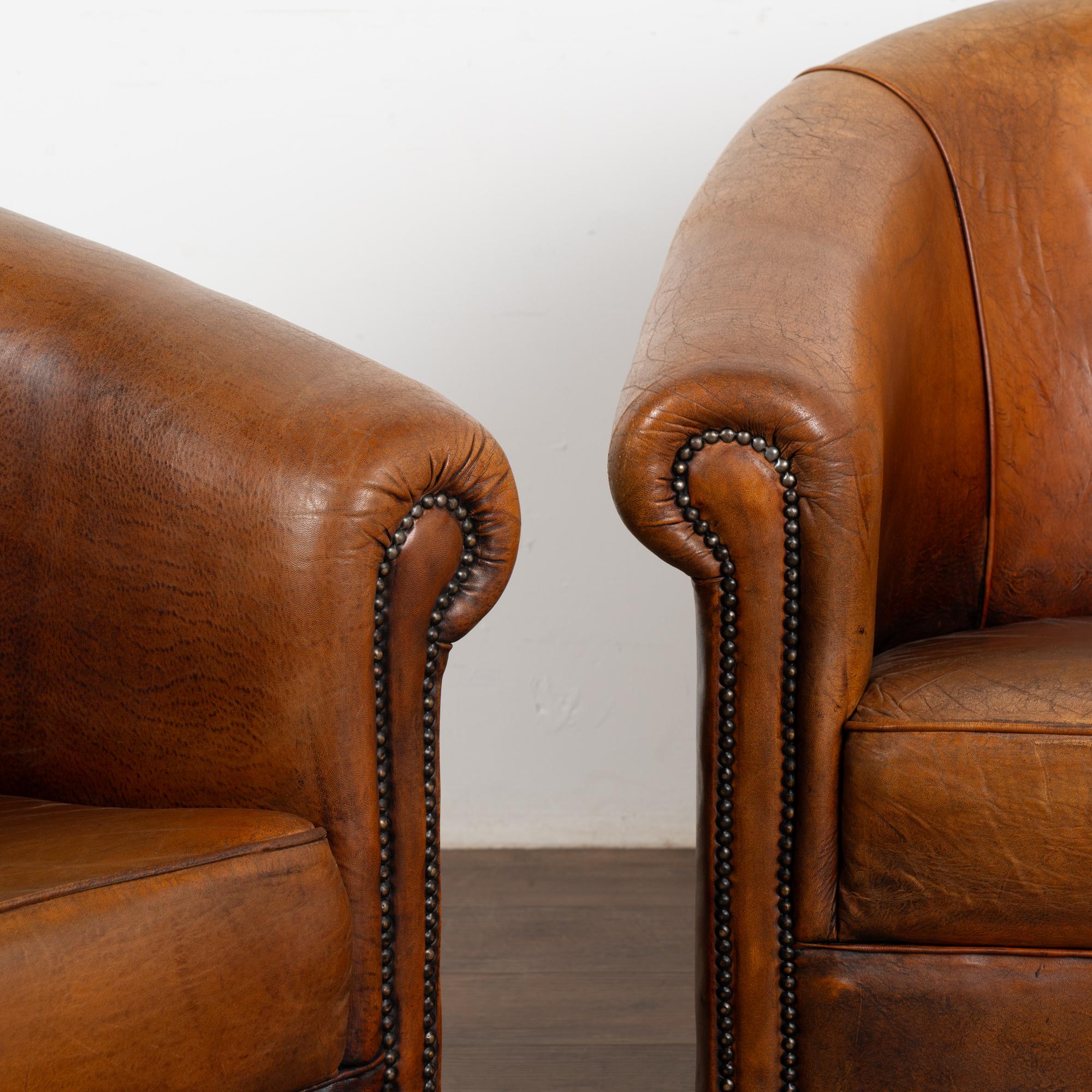 Pair, Vintage Brown Leather Tub Arm Chairs, France Circa 1940-60 In Good Condition In Round Top, TX