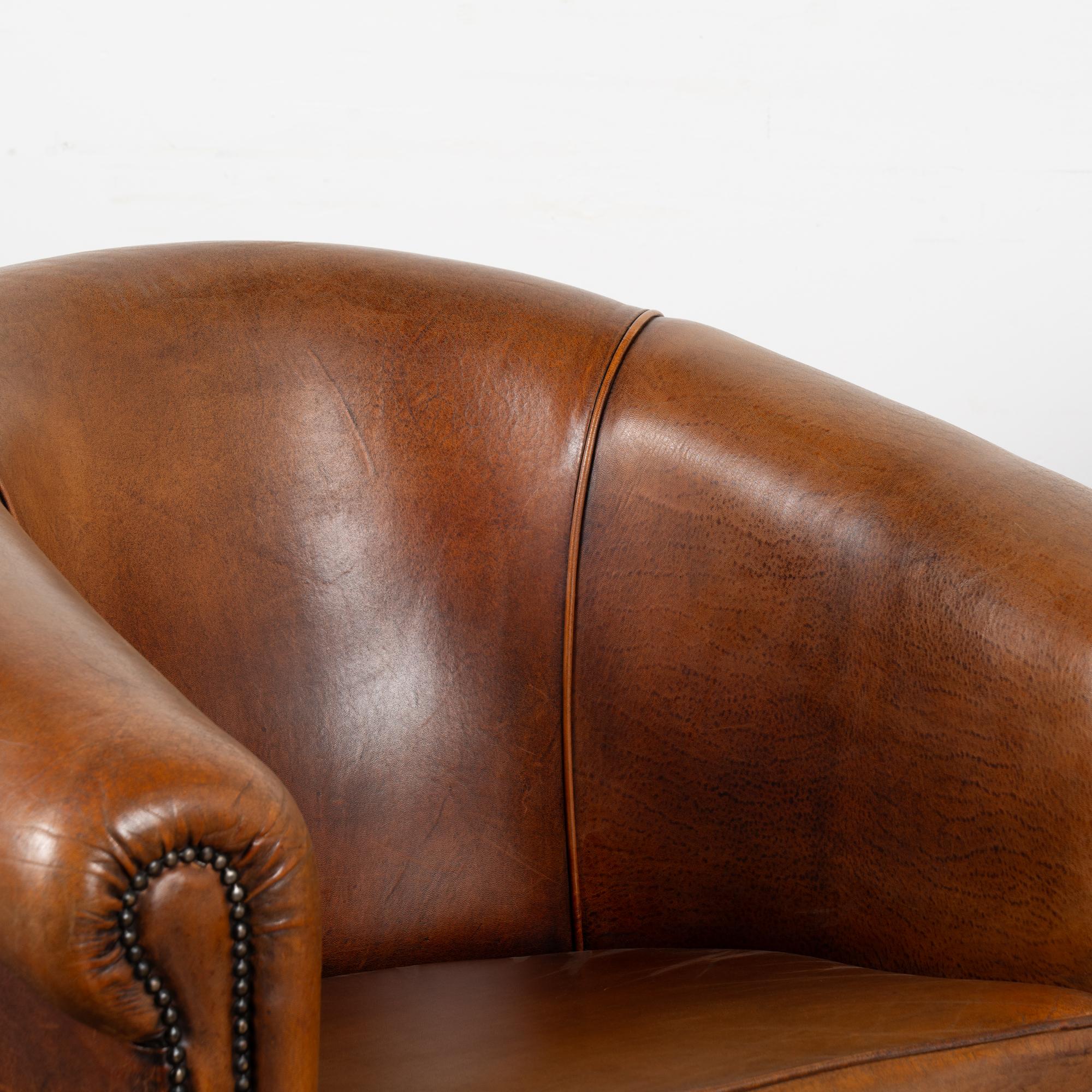 20th Century Pair, Vintage Brown Leather Tub Arm Chairs, France Circa 1940-60